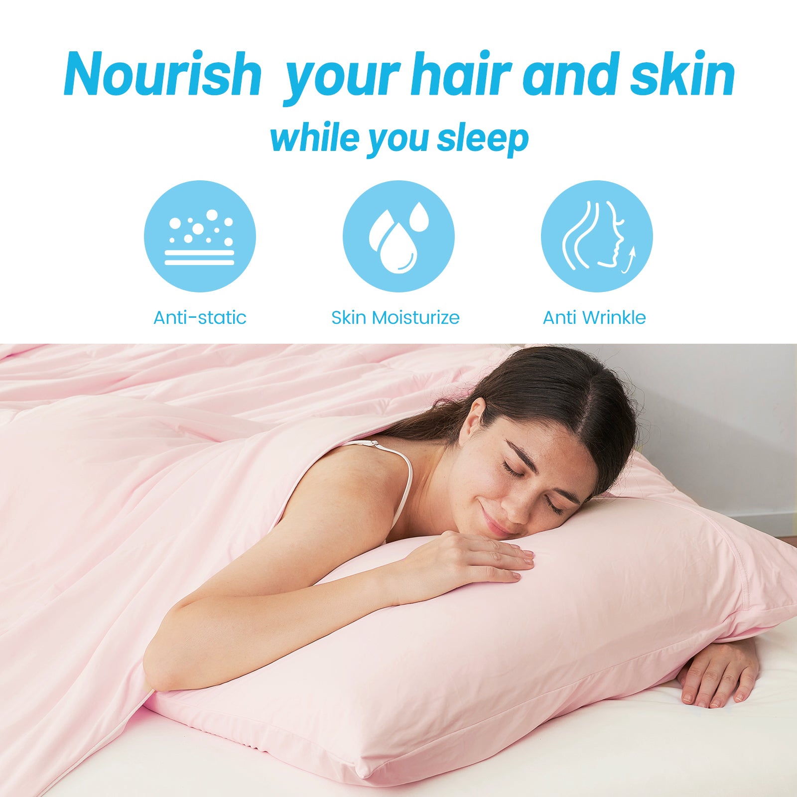 Pink cooling pillowcase for hair and skin health: anti-static, moisturizes, and reduces wrinkles. #color_Pink