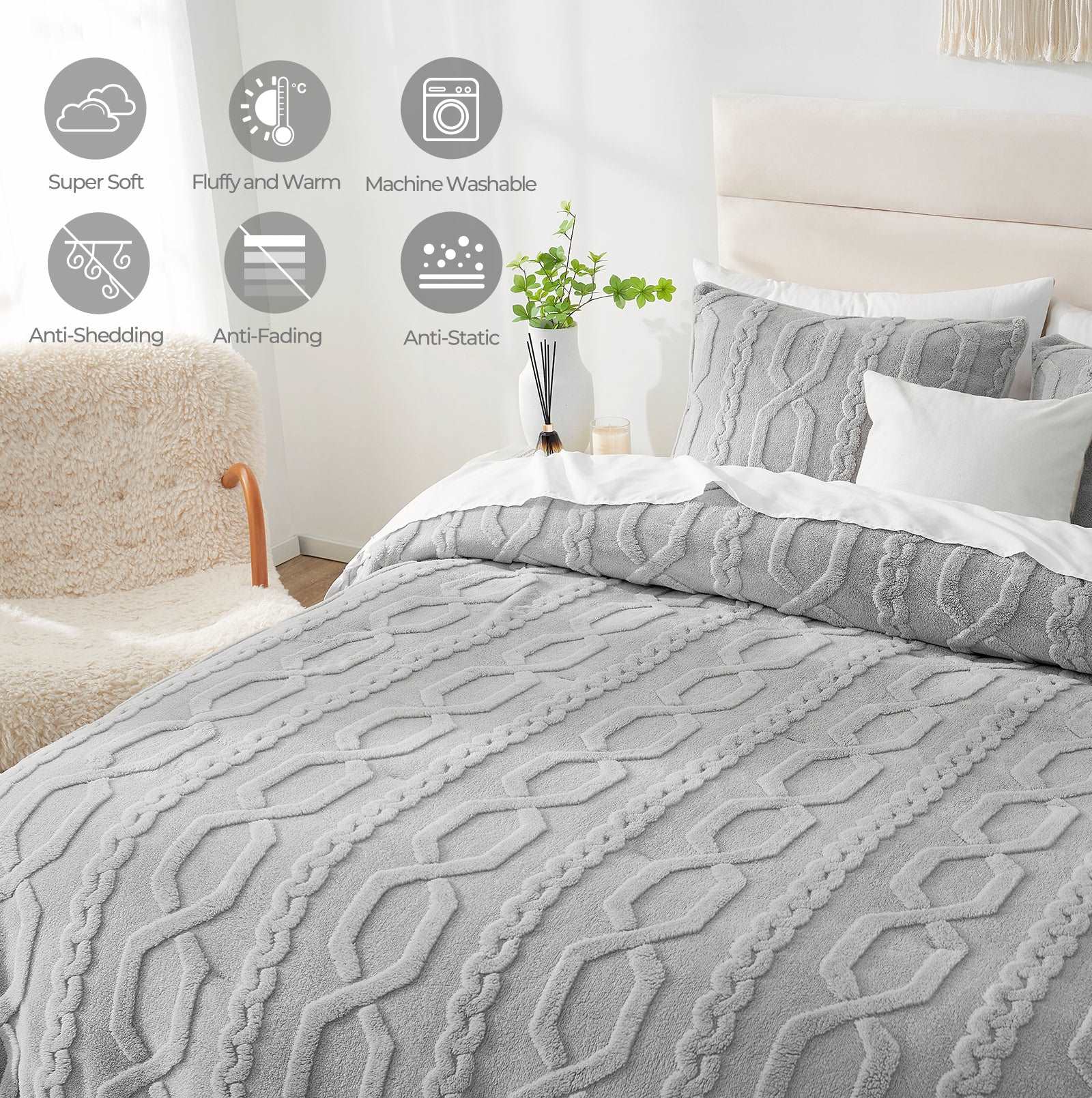 Gray sherpa comforter set with jacquard pattern, anti-shedding and machine washable, a cozy bedding product #color_Light Grey
