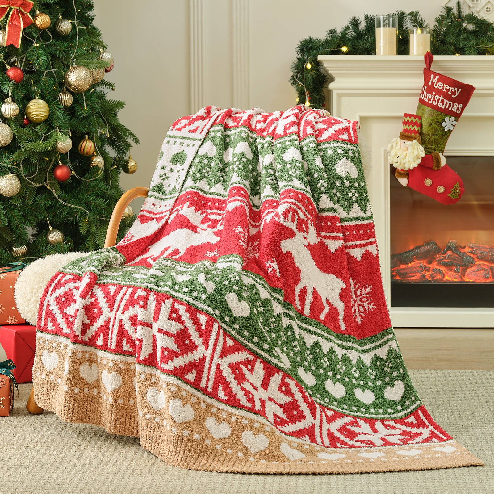 Cozy Bliss x SS Reversible Fairy Isle Reindeer Feather Yarn Throw Blanket