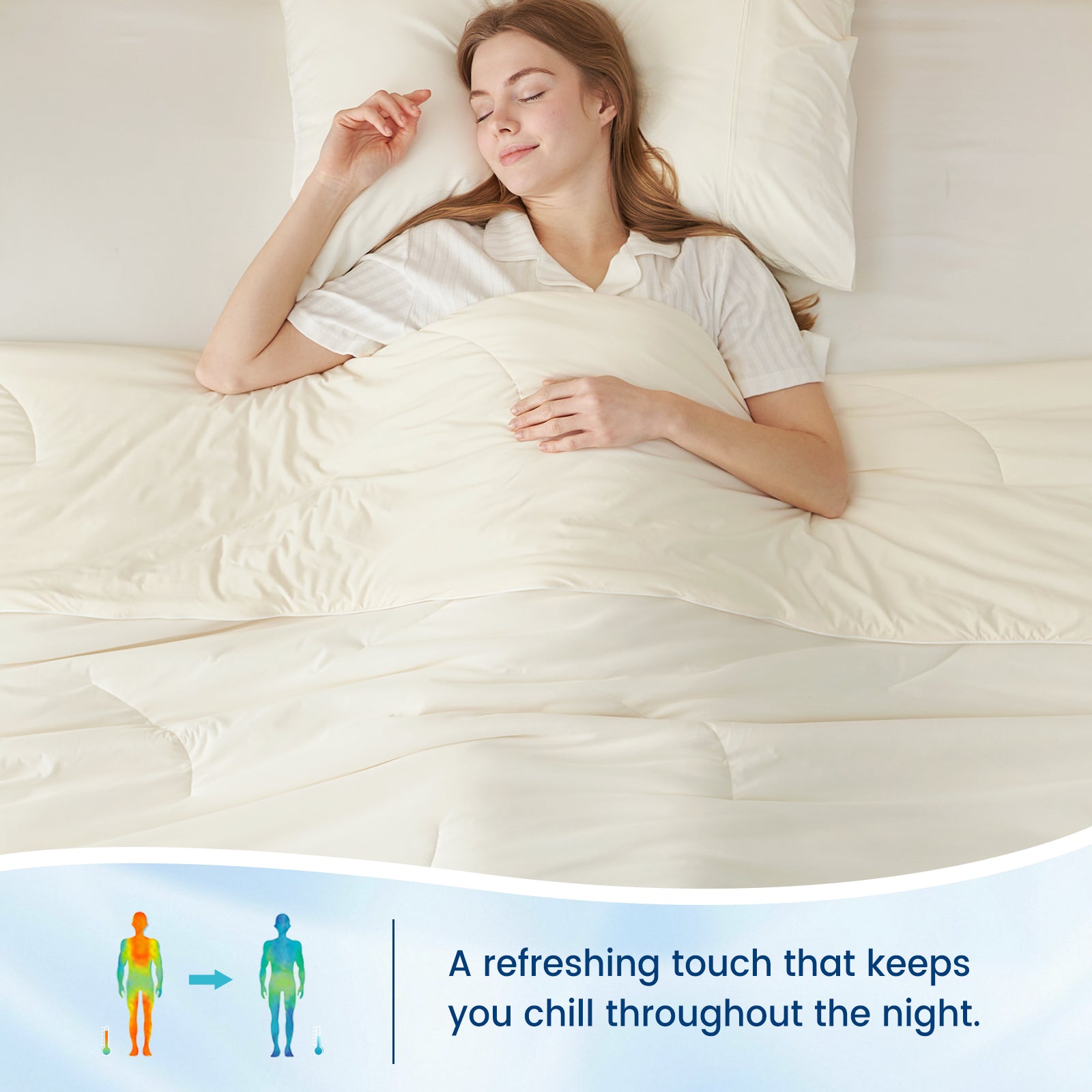 Woman sleeping comfortably under Cozy Bliss cooling comforter, refreshing touch for cool sleep. #Color_Snow Ivory
