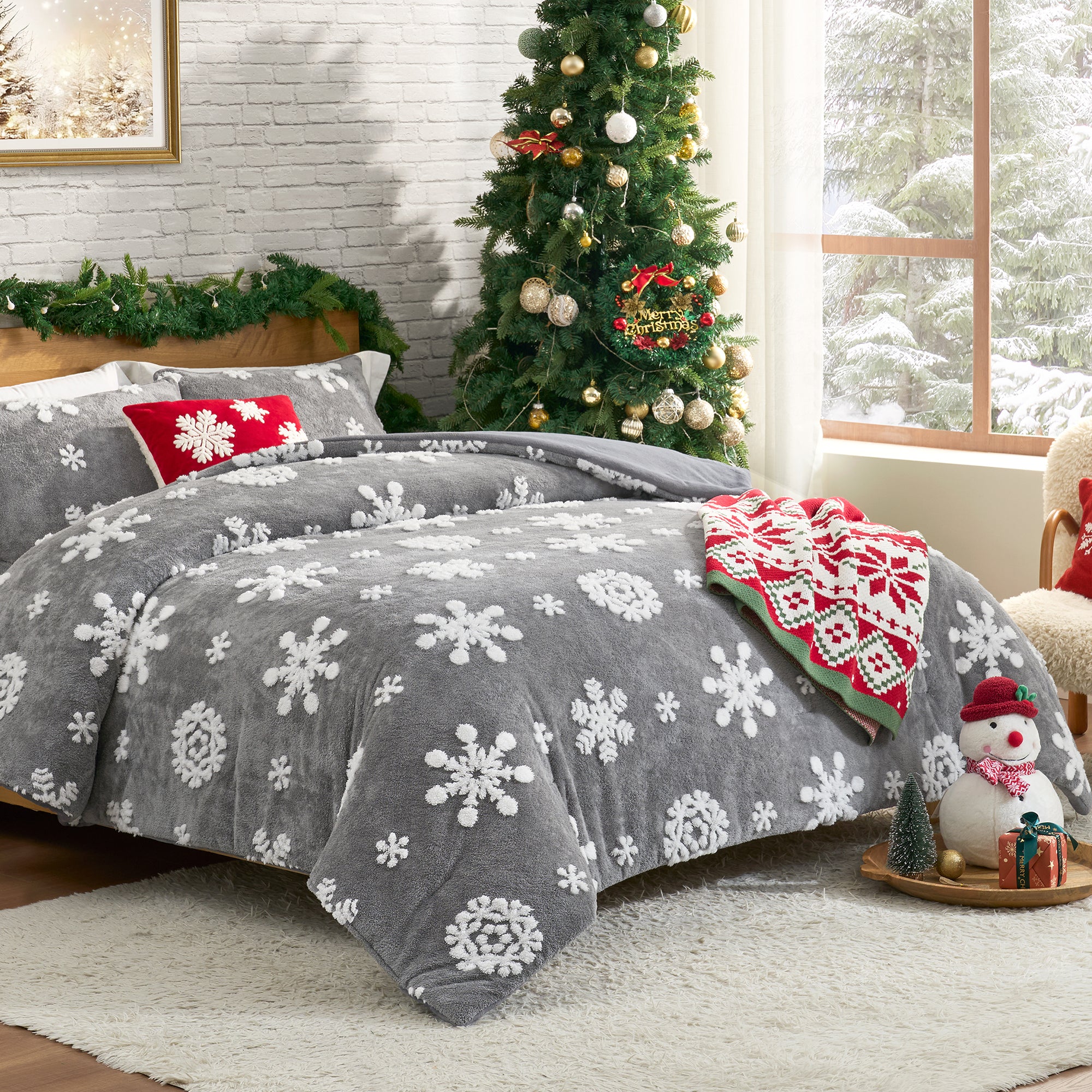 Christmas-themed bedroom with gray snowflake comforter, Christmas tree, and festive decor. #Color_Snowflake Grey