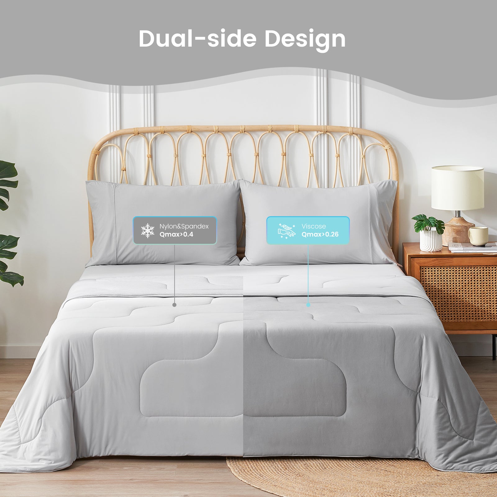 Cozy Bliss Dual-Sided Cooling Comforter in gray, Nylon & Spandex and Viscose, designed for hot sleepers. #color_Cool Grey