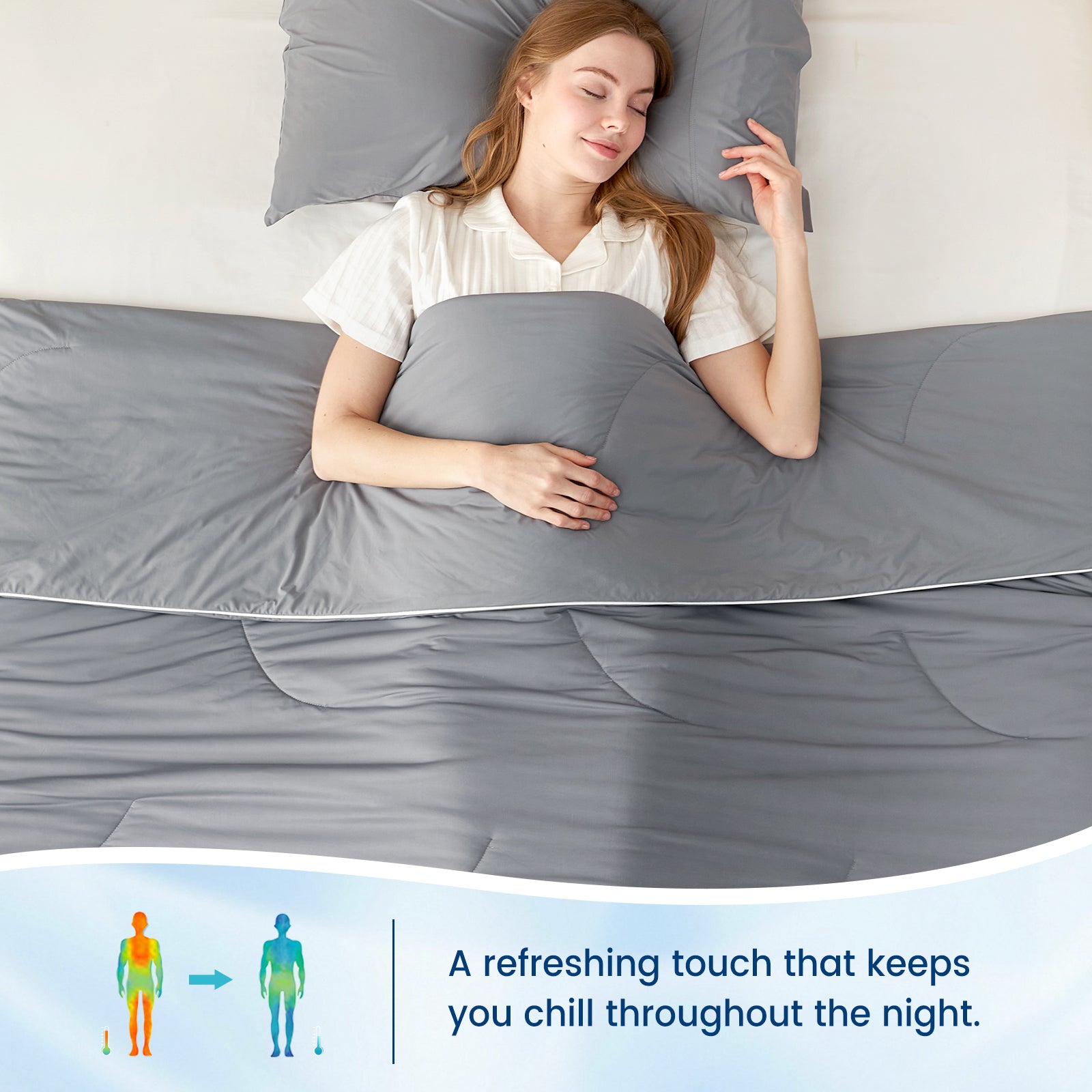 Woman sleeping under a gray Cozy Bliss cooling comforter, promoting comfortable sleep, breathable bedding. #Color_Dark Grey