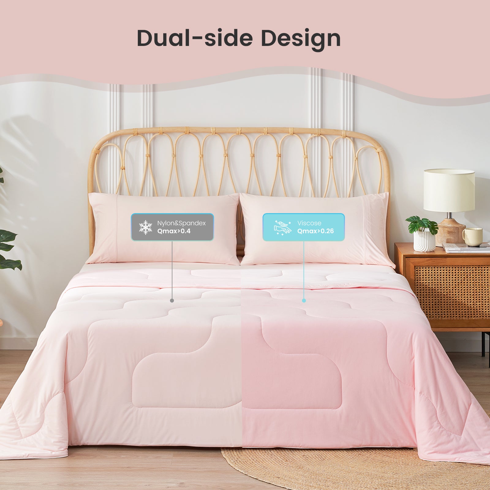 Cozy Bliss Cooling Comforter, dual-sided design with Nylon & Spandex and Viscose for breathability. #color_Cool Pink