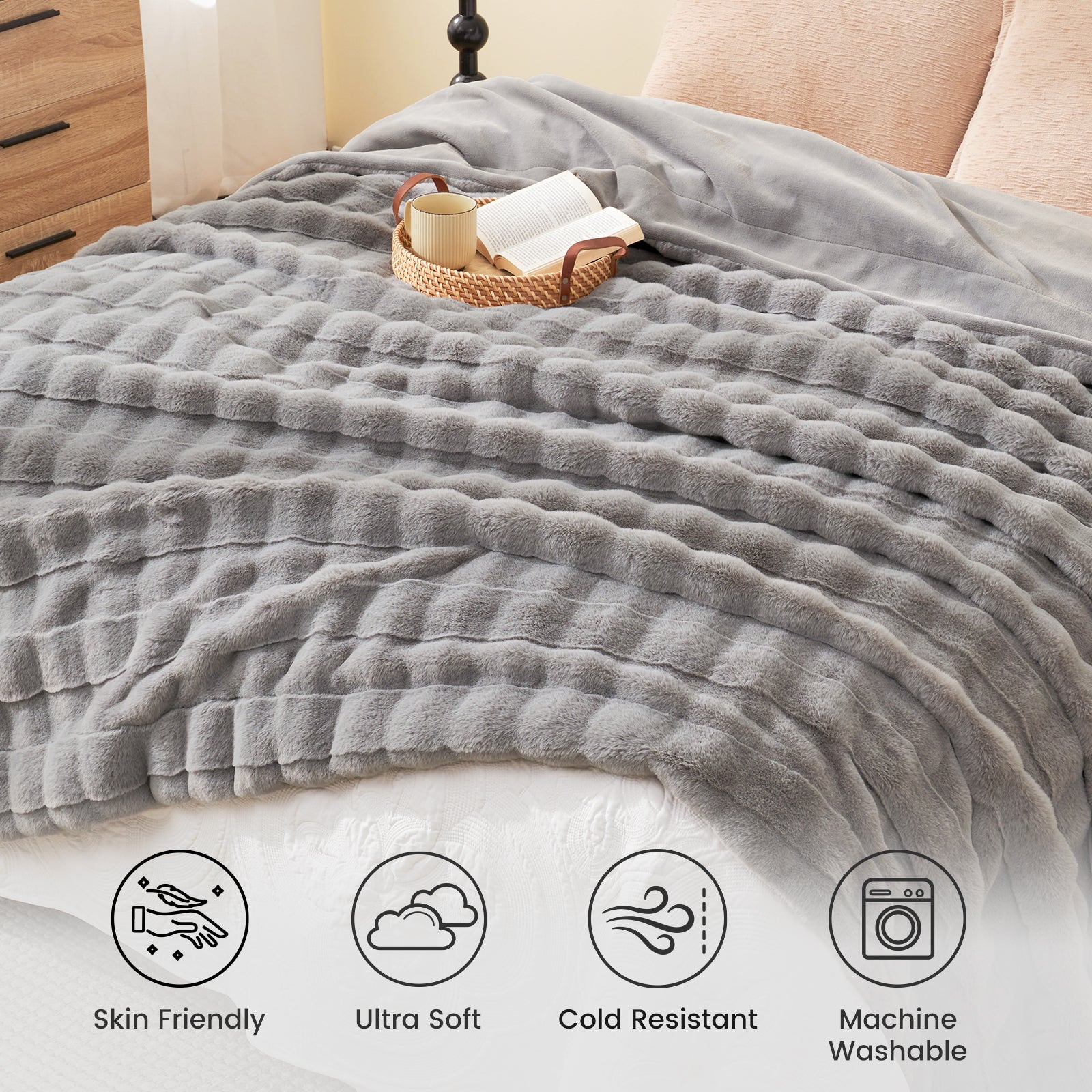 Gray faux fur throw blanket with cross-stripe design, ultra soft and machine washable, cozy bedding #color_Grey