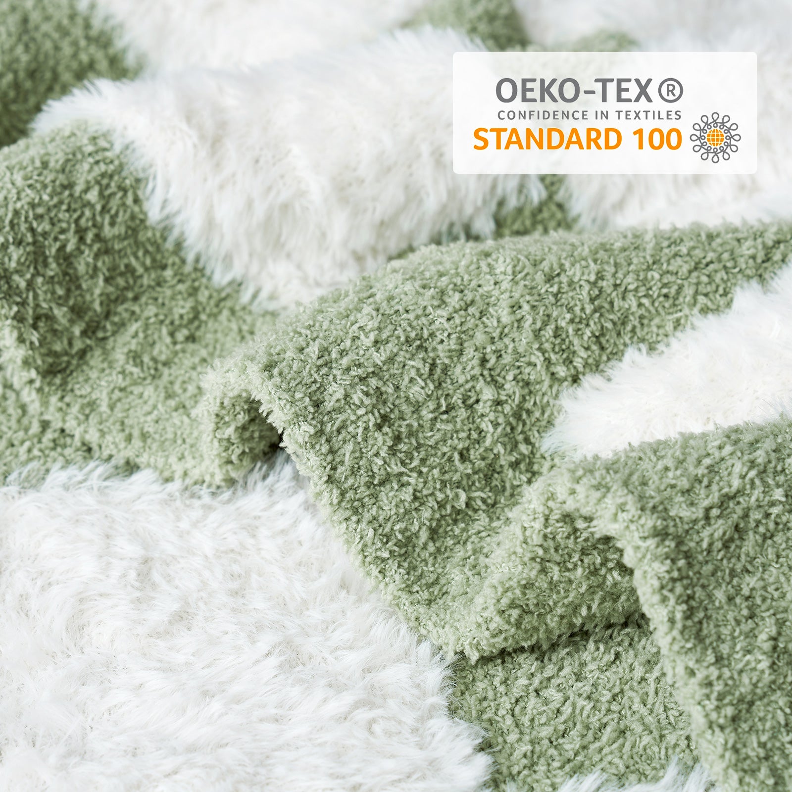 Close-up of Checkered Faux Fur Feather Yarn Throw Blanket in Sage Green & White showcasing plush texture and OEKO-TEX STANDARD 100 certification. #color_Sage Green & White