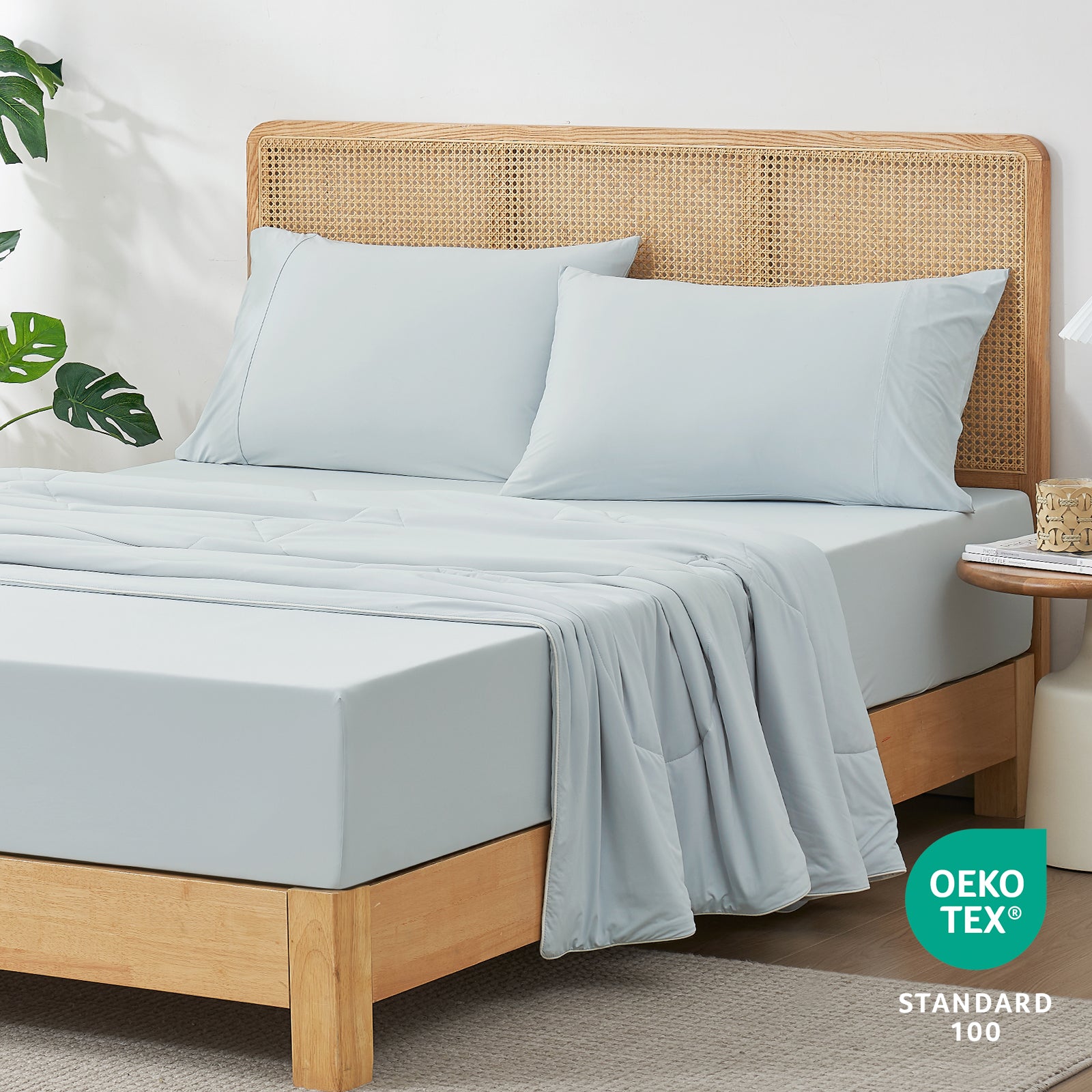 Cooling fitted sheet set in light blue, OEKO-TEX certified, cozy bedding #Color_Cool Blue