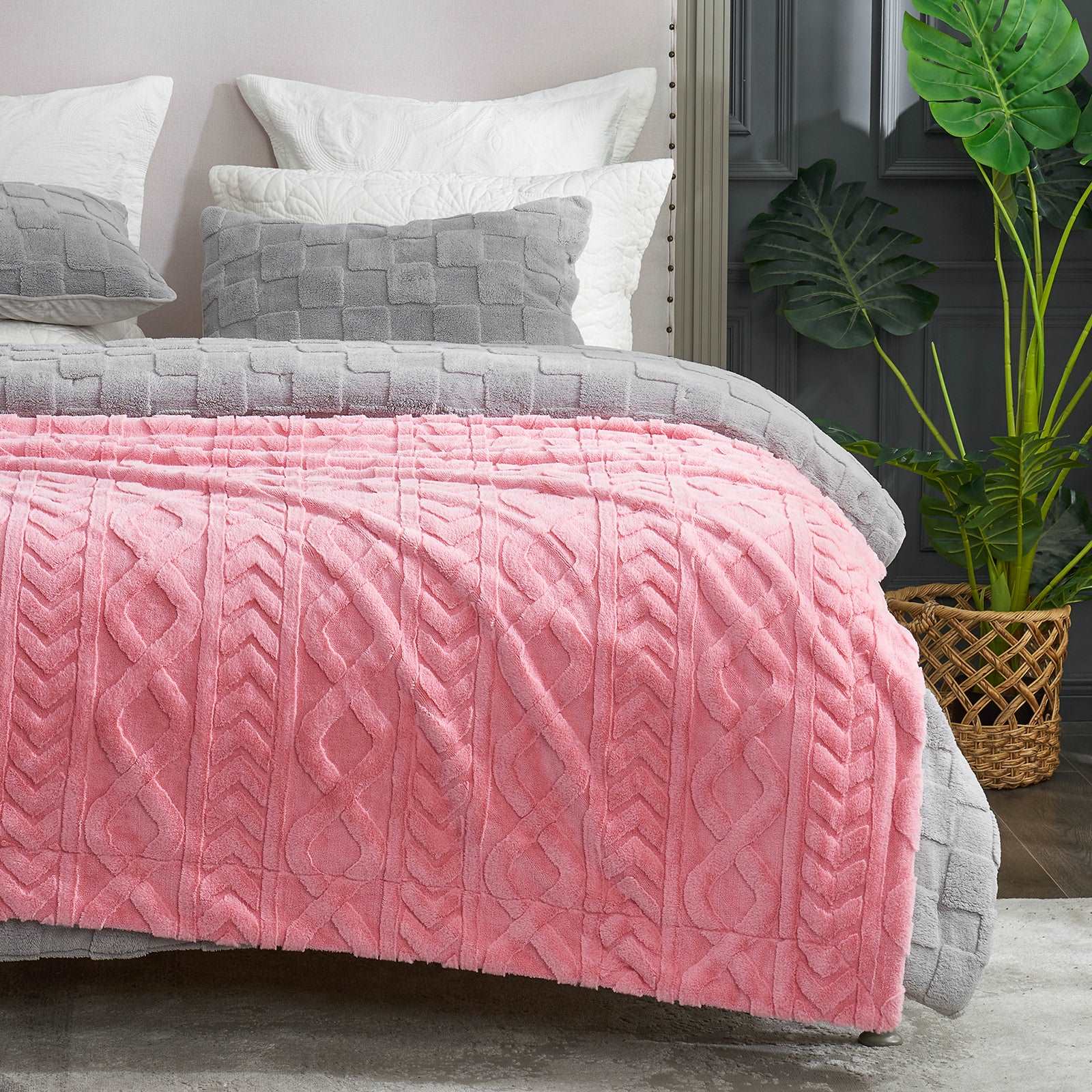 Pink cable knit faux fur throw blanket on bed, cozy bedding and home decor, soft blanket #color_Hot Pink