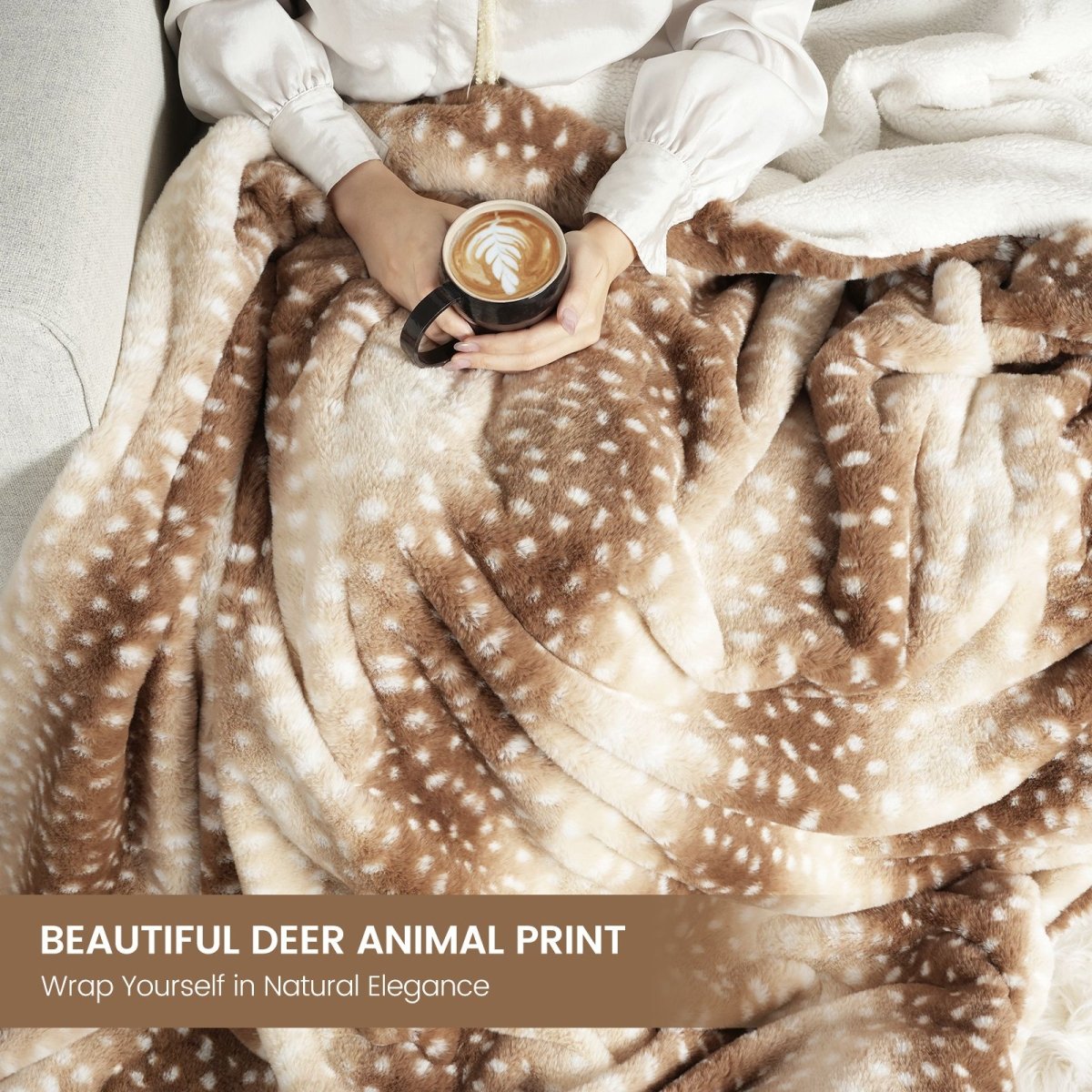 Deer print faux fur throw blanket, a cozy blanket perfect for living room. Featuring premium comforters #color_Brown Sherpa Deer