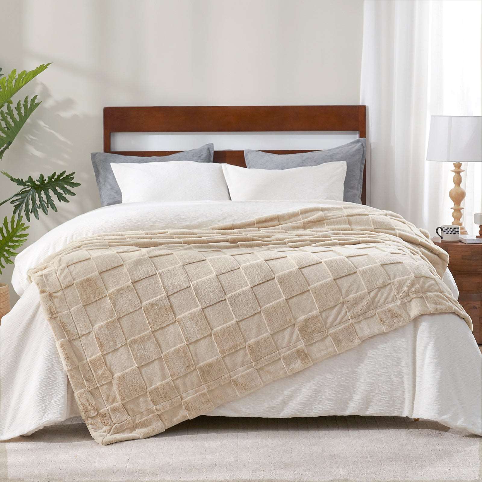 Beige Checkered Faux Fur Throw Blanket on Bed #color_Beige