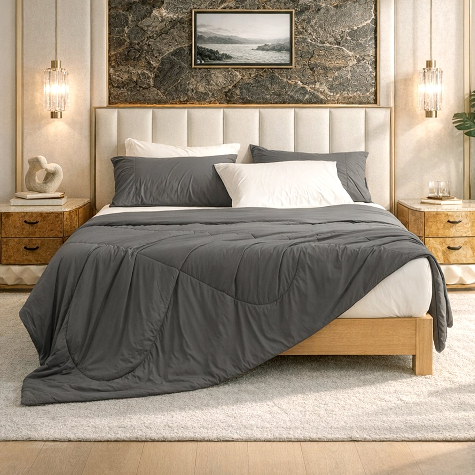 Cozy Bliss Charcoal Grey Cloud-like extra cooling comforter on bed in cozy bedroom.#Color_Charcoal Grey