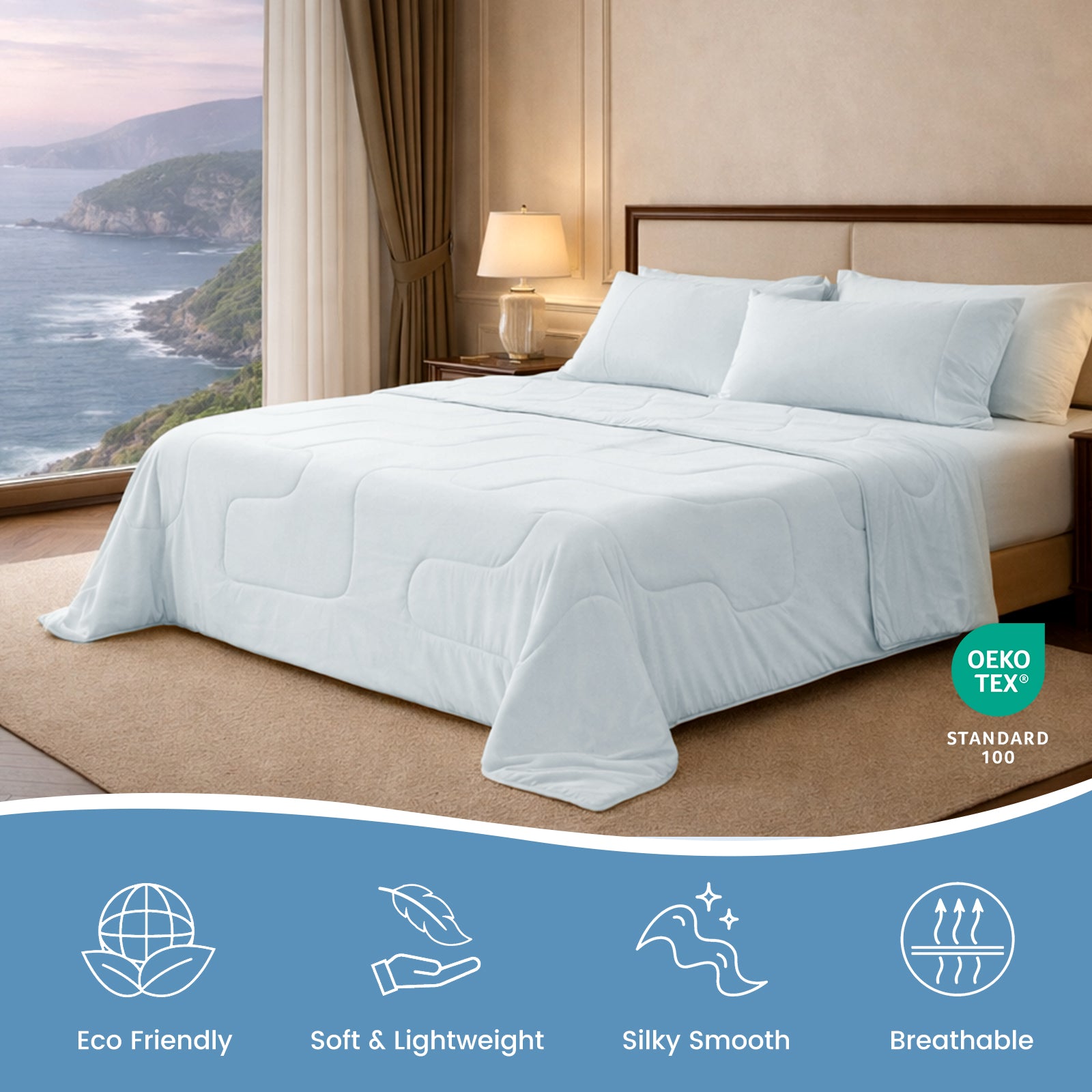 Cozy Bliss Sorona® Natural Fiber Ultra Breathable Cooling Comforter in cool blue. #color_Cool Blue