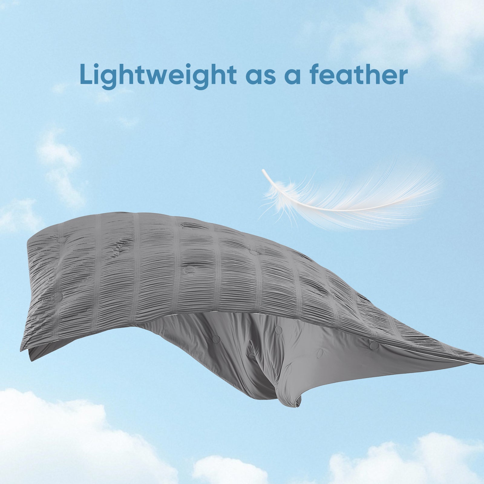 Cooling comforter floating in air, lightweight breathable fabric for cool and comfortable sleep.#color_Grey