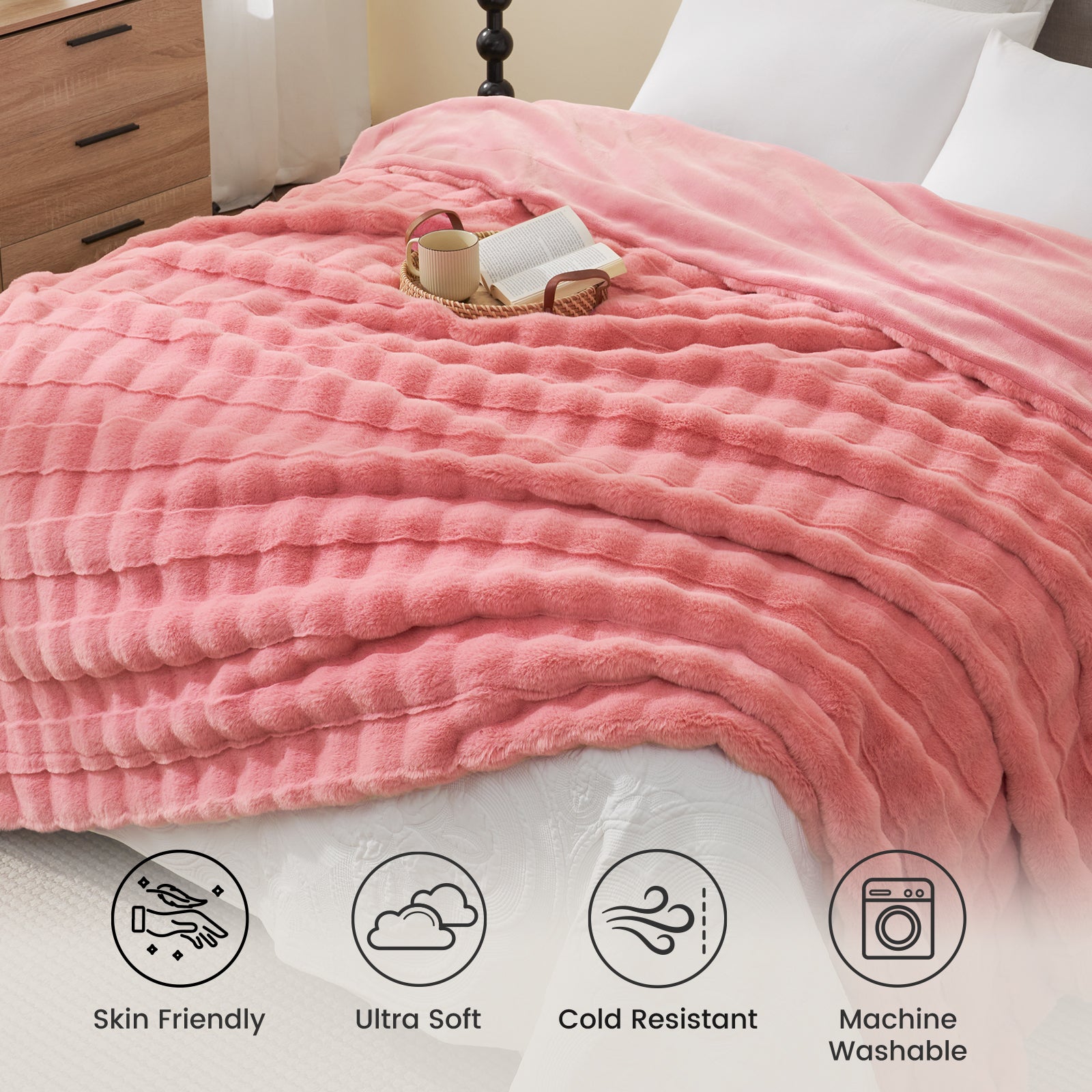 Pink cross-striped fuzzy blanket on bed, Ultra soft and skin friendly #color_Hot Pink