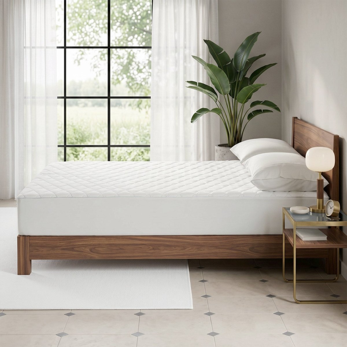 Cozy Bliss off-white cooling mattress protector in a bright, modern bedroom in side view.#color_Off White