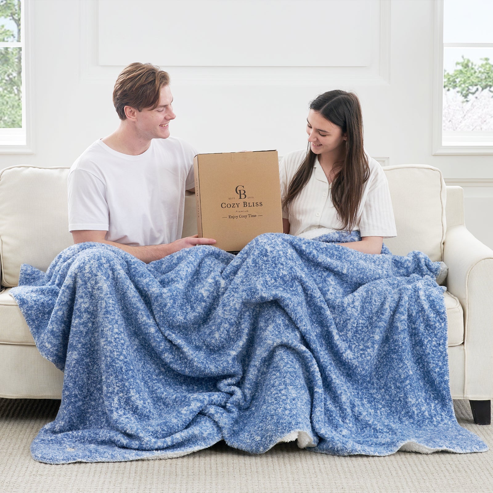 Cozy Bliss reversible sherpa blanket. Cozy couple. Soft, breathable cozy bedding for comfort. #color_ Mottled Navy Blue