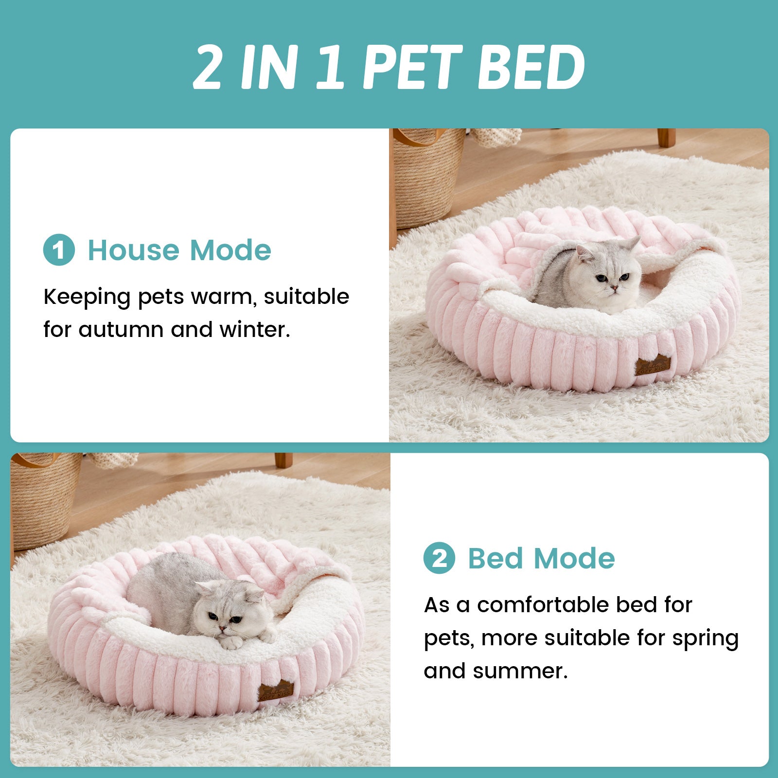2-in-1 pet bed with a cat inside, showing house mode and bed mode#color_Pink