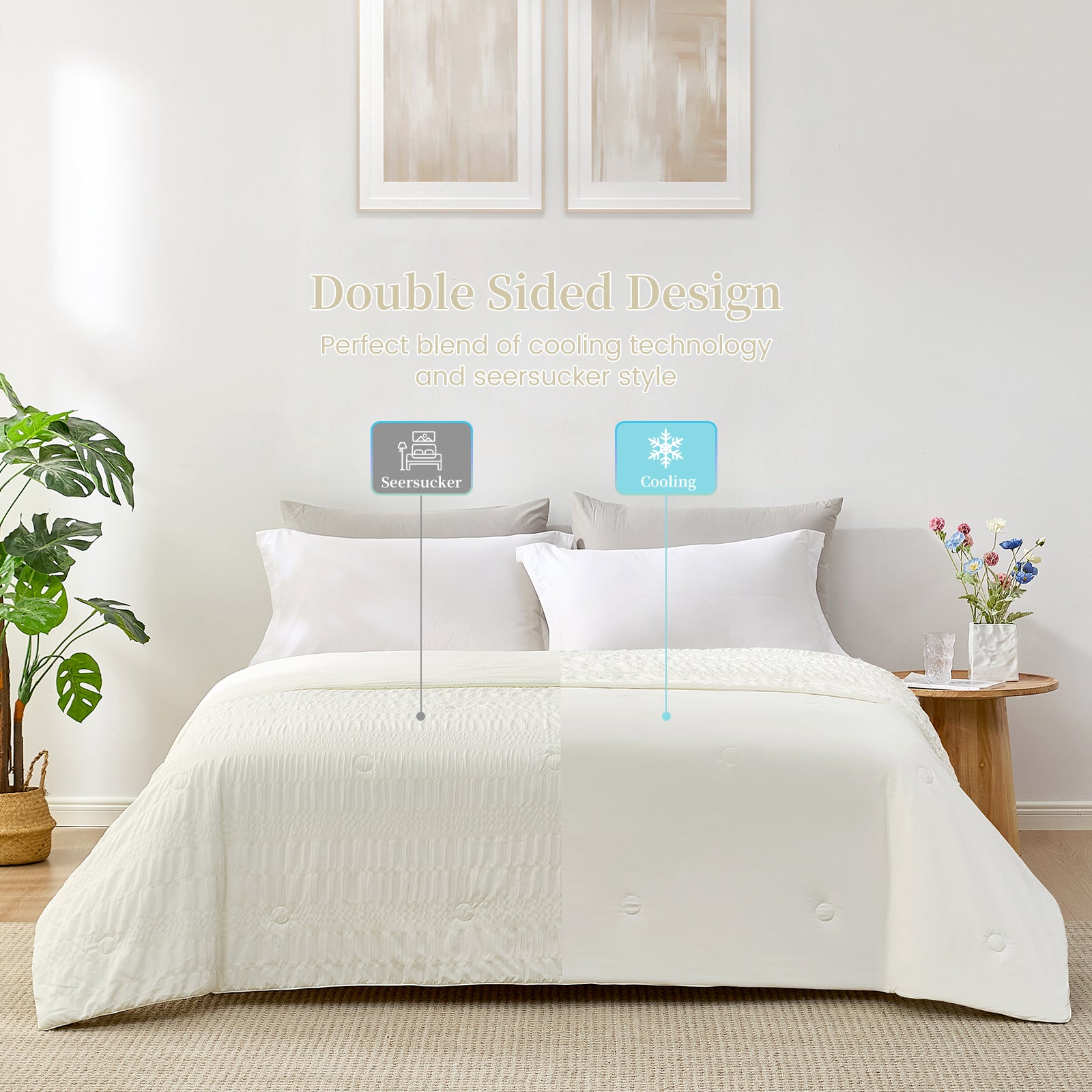 Double-sided cooling comforter, ivory seersucker on bed, breathable and soft design for cozy sleep #color_Cream White