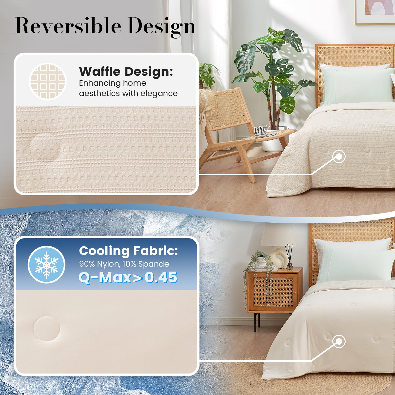 Dual sided waffle cooling comforter design that improves airflow and heat dissipation.#color_Beige