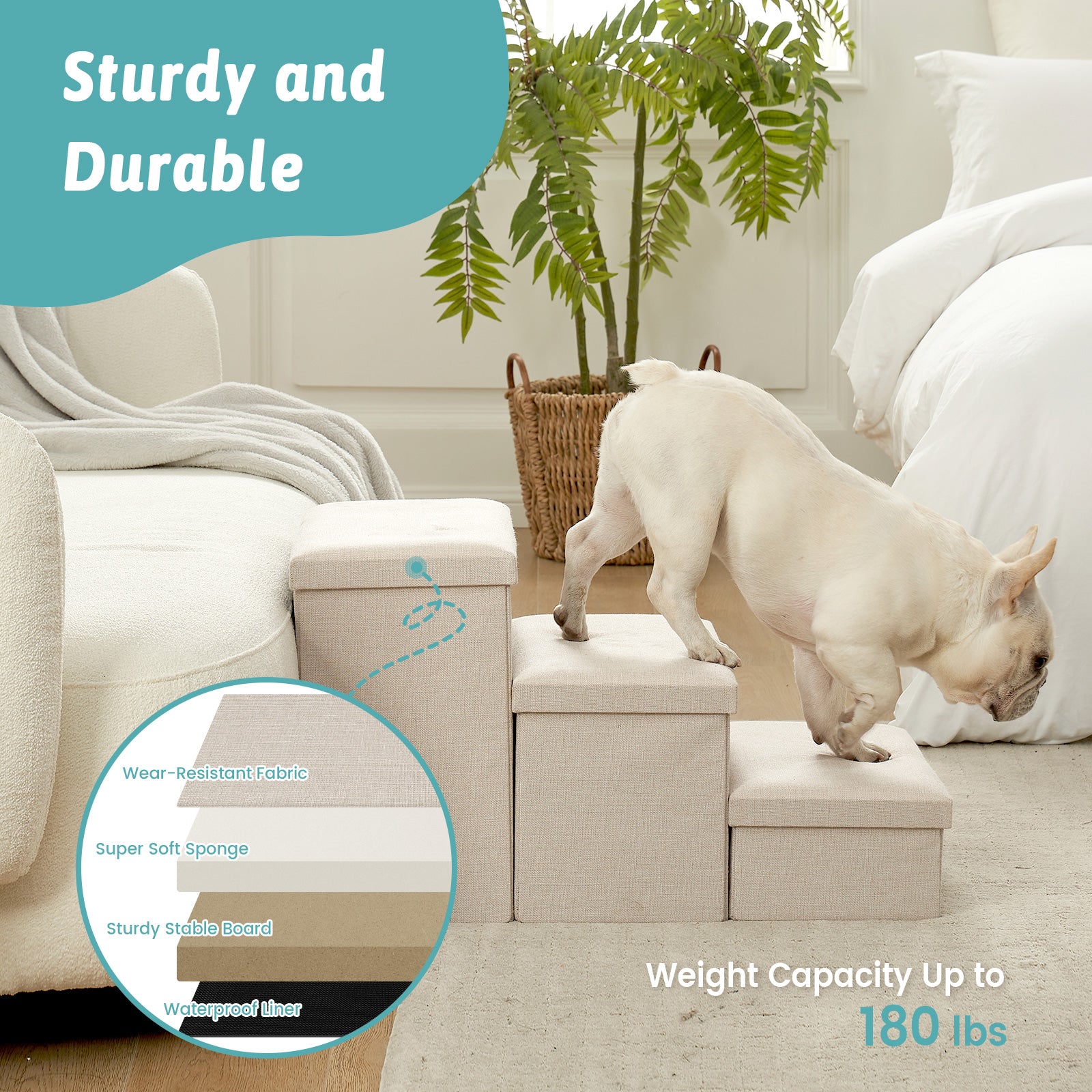 High stability Cozy Bliss storage pet stairs with 180 LBS weight capacity. #color_Beige