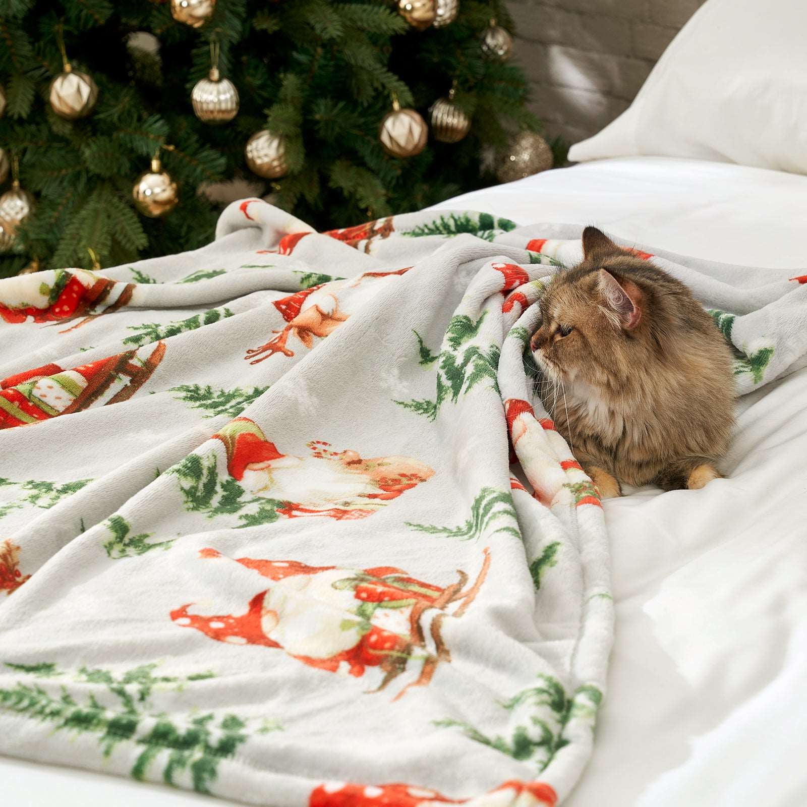 Christmas gnome blanket with cat on bed, cozy decor, breathable blanket. Perfect for holidays. #color_ Gnome in Sleigh