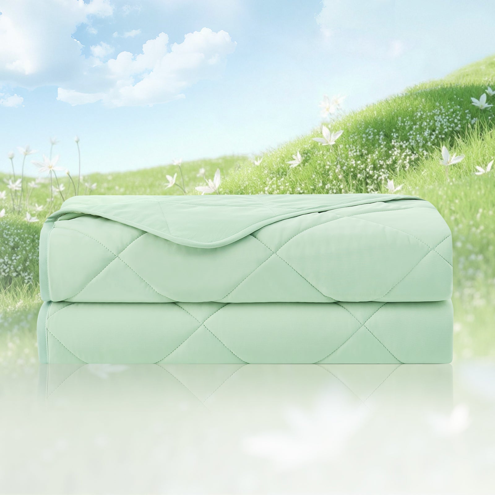 Light green quilt on a white surface with a grassy field and blue sky in the background #color_Mint Green
