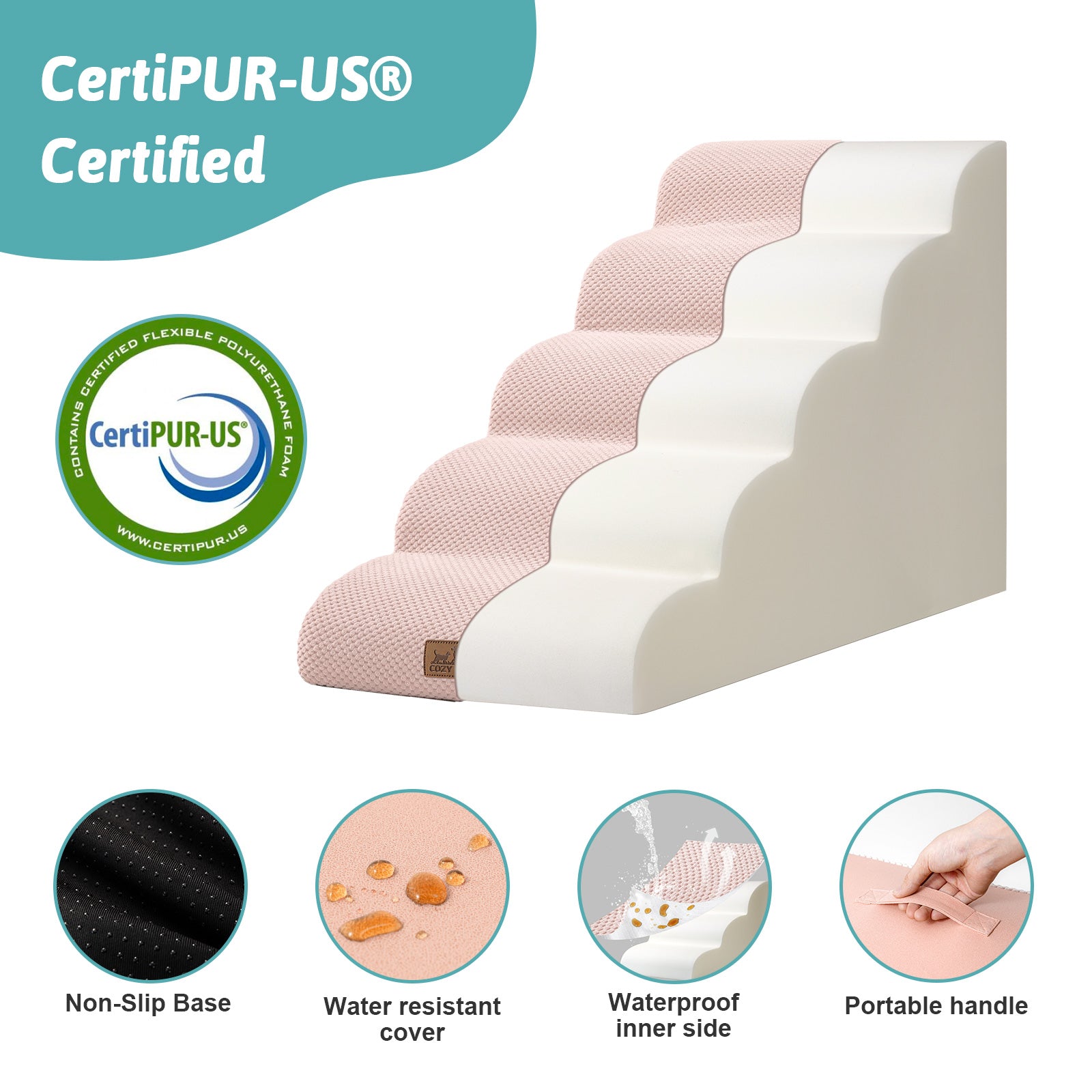 Pet stairs with CertiPUR-US certification and features on a white background#Color_Pink