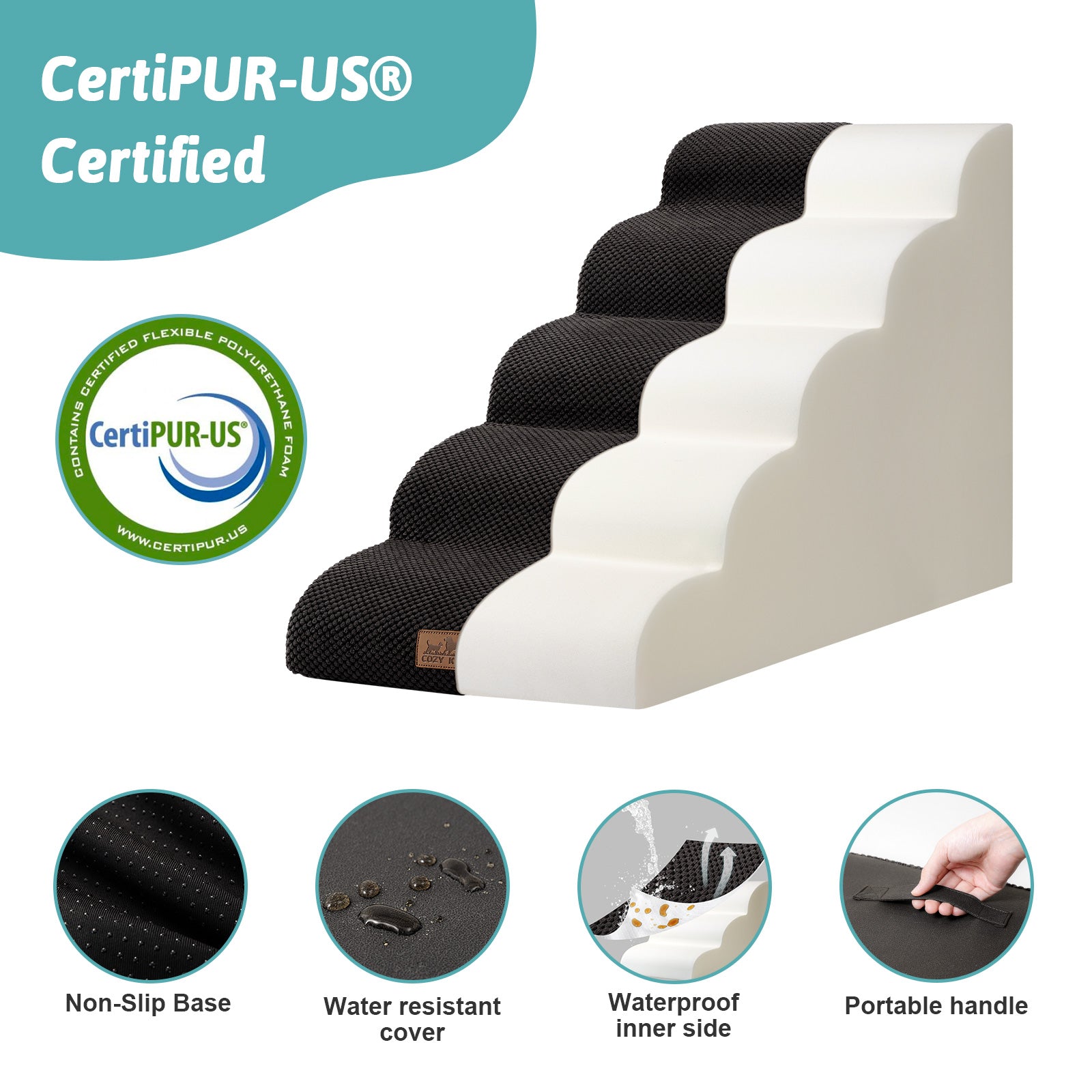 CertiPUR-US certified pet stairs with features highlighted on a white background#Color_Black