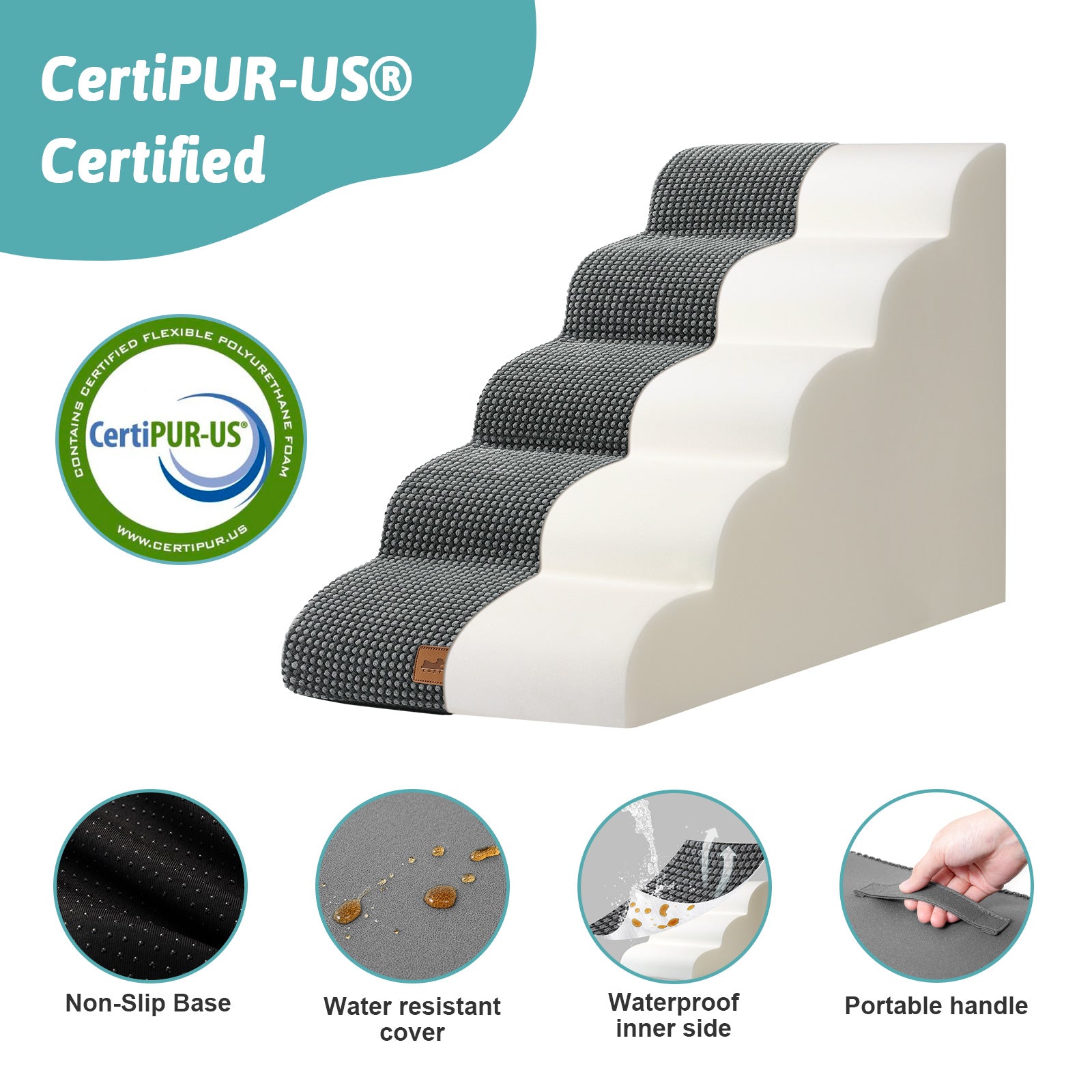 Stair with CertiPUR-US certification logo and features on a white background#Color_Charcoal Grey