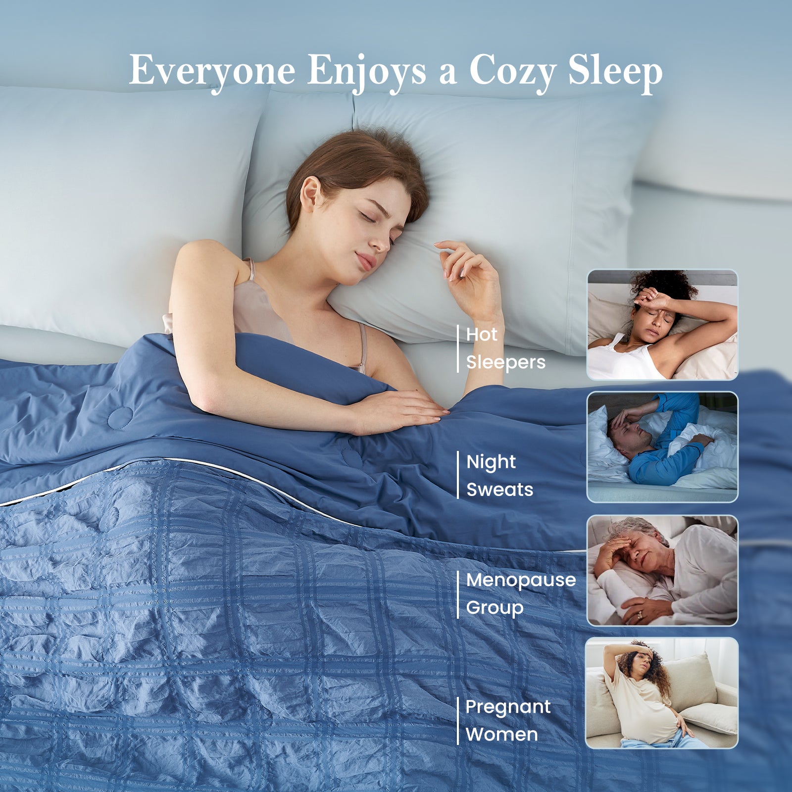 Woman sleeping peacefully under denim blue seersucker cooling comforter for hot sleepers.#color_Denim Blue