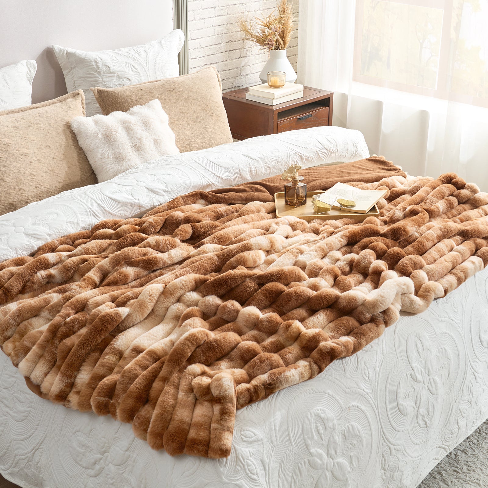 Striped Faux Fur Throw Blanket