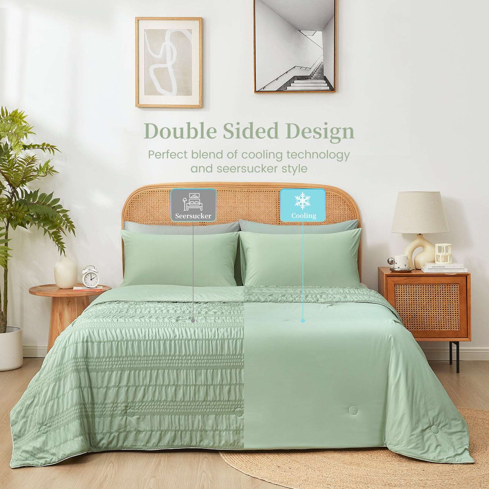 Green Seersucker Cooling Comforter, double-sided design for cozy sleep, featuring cooling technology. #color_Sage Green
