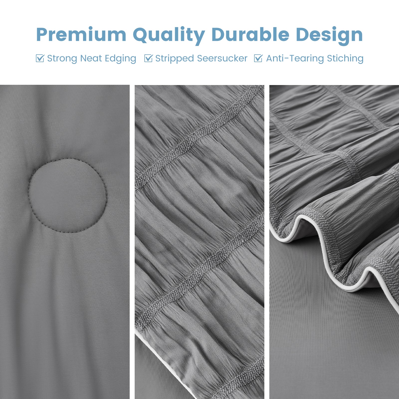 Close-up of the Cozy Bliss dark grey vertical striped seersucker cooling comforter detail and design #color_Charcoal Grey