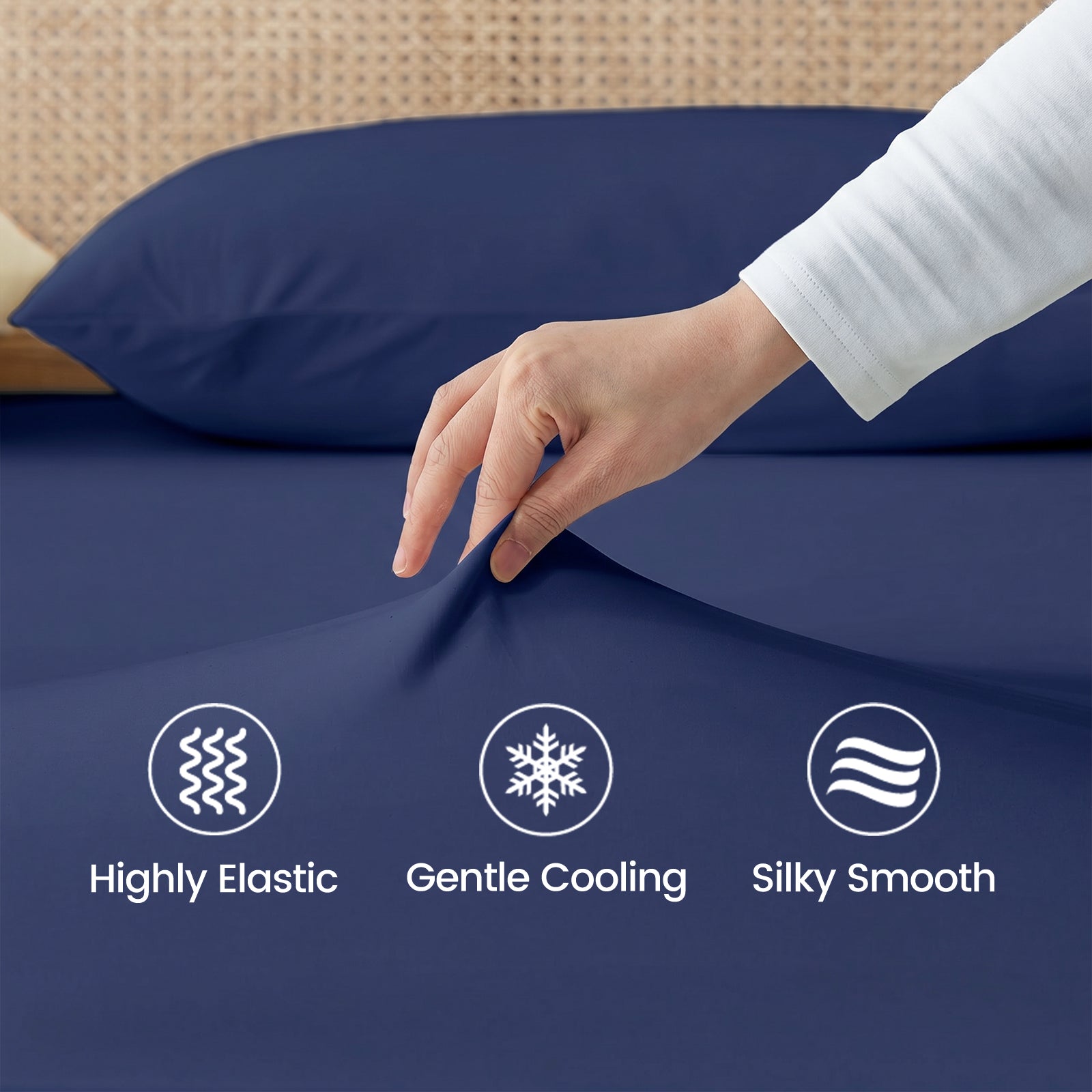Close up of high elastic, silk smooth and cooling fabric in Cozy Bliss sheet set.#color_Navy Blue