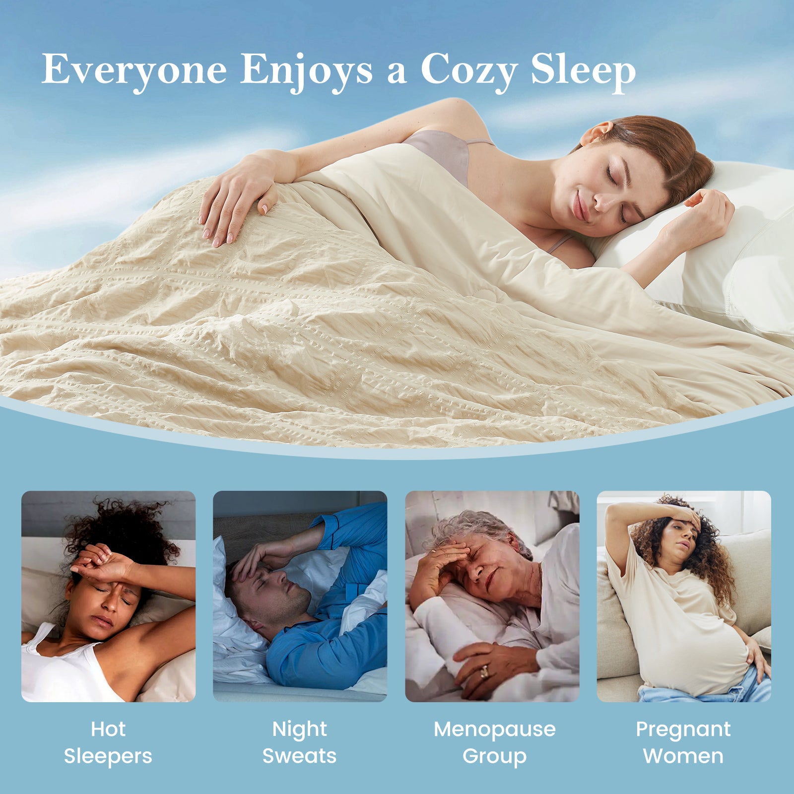 Woman sleeping under a blanket with text 'Everyone Enjoys a Cozy Sleep' and images of people with different sleep issues. #color_Khaki