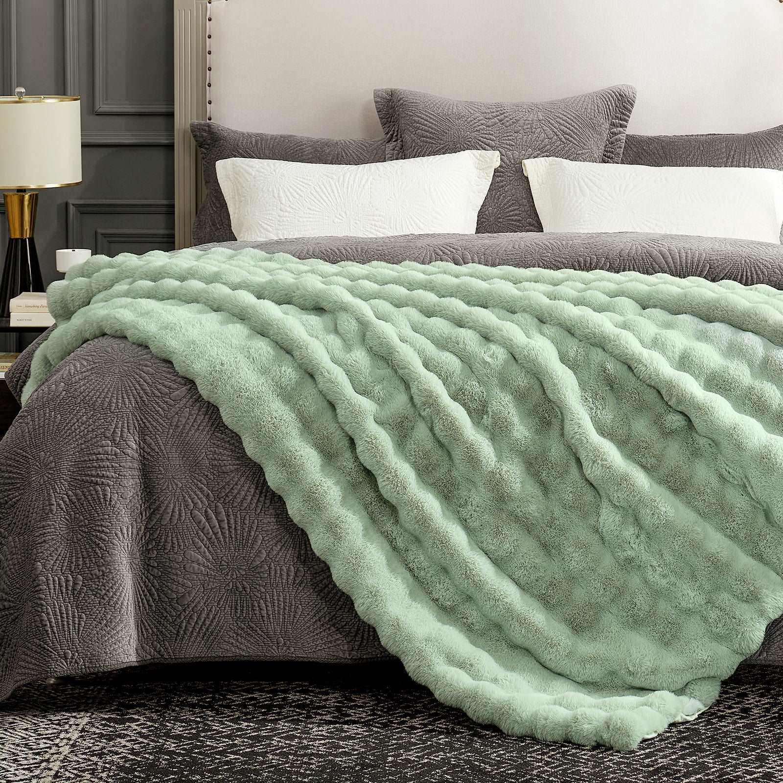 Cozy Bliss Sage Green Bubble Faux Fur Throw Blanket on bed, soft and cozy, perfect for bedroom decor #color_Sage Green
