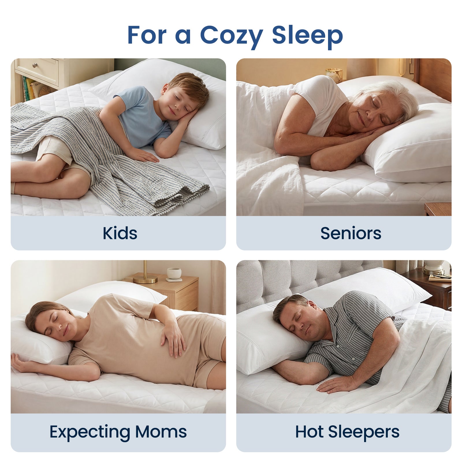 Four images showing people of different age groups and lifestyles sleeping on a mattress, with text indicating suitability for kids, seniors, expecting moms, and hot sleepers. #color_Off White