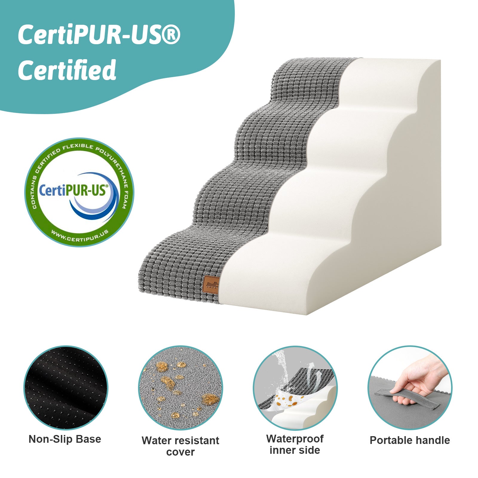 Pet stair with CertiPUR-US certification and features listed on a white background#color_Dark Grey