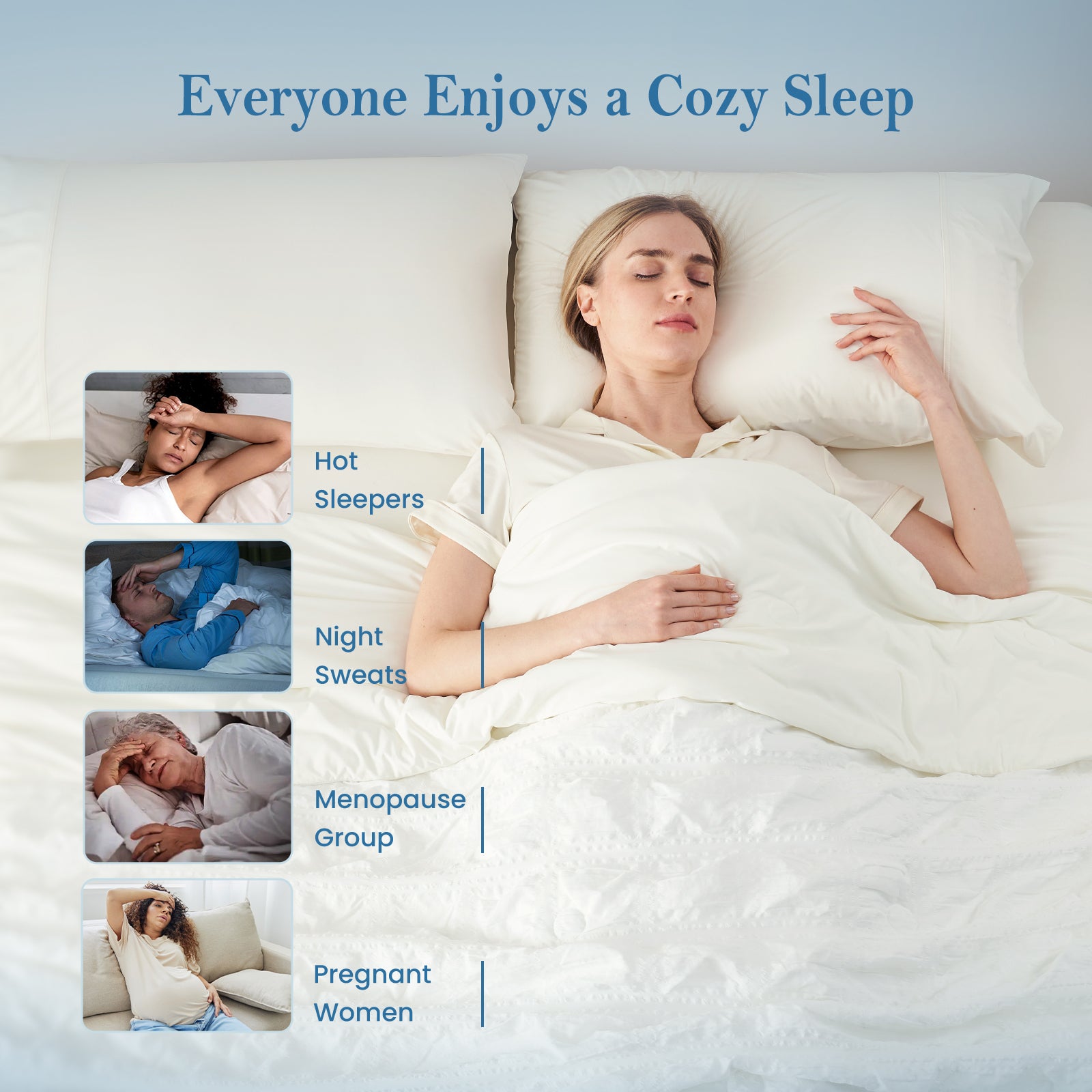 Woman sleeping peacefully under white seersucker cooling comforter for hot sleepers.#Color_White Plaid