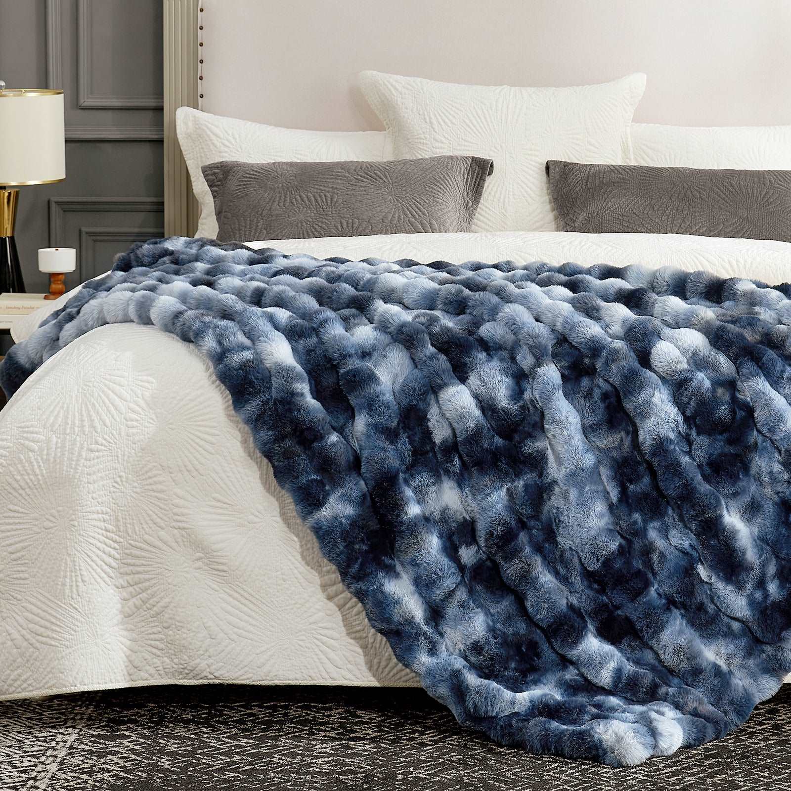 Cozy Bliss Bubble Faux Fur Throw Blanket in blue tie-dye, premium soft and cozy blanket #color_Tie-dye Blue
