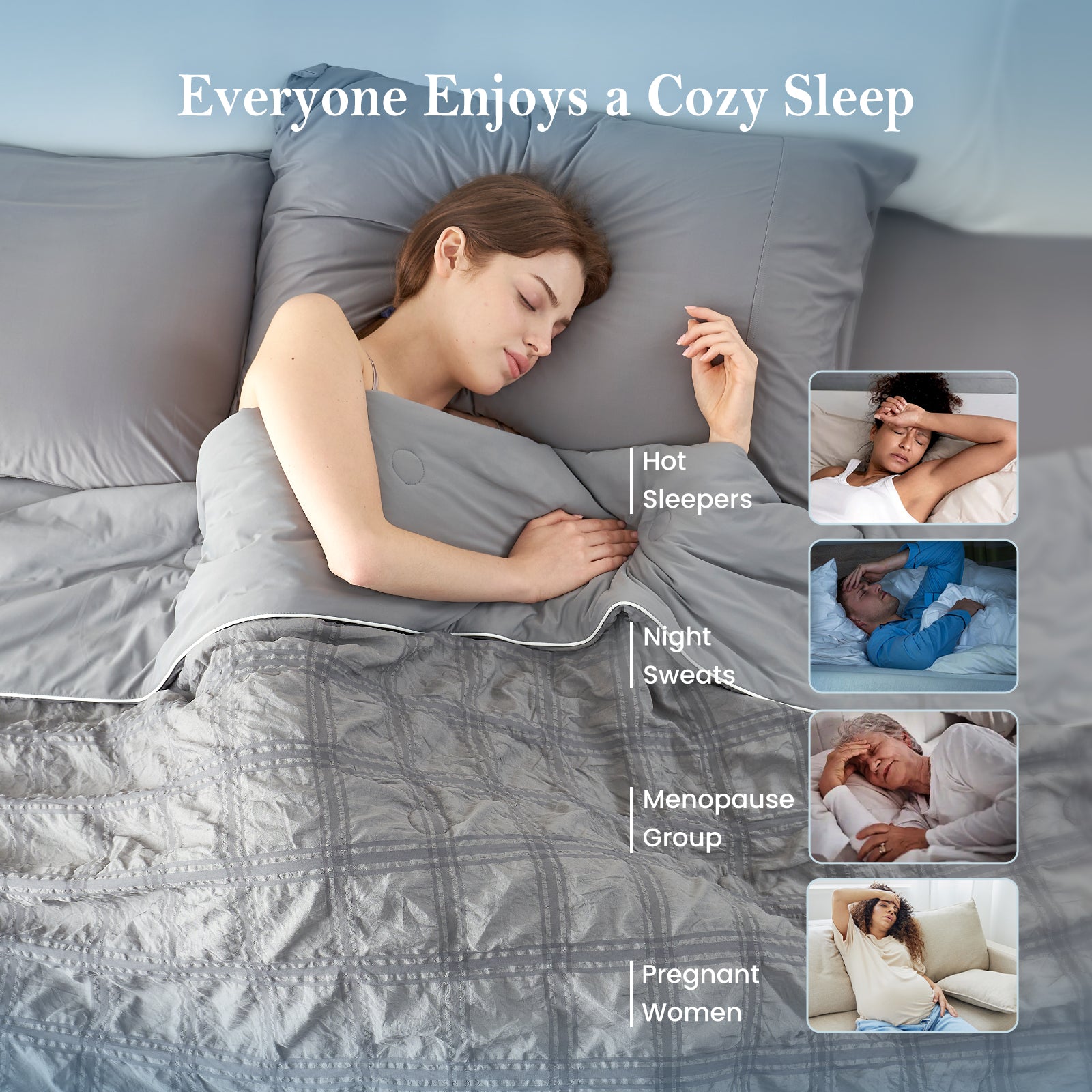 Woman sleeping peacefully under dark grey seersucker cooling comforter for hot sleepers.#color_Dark Grey