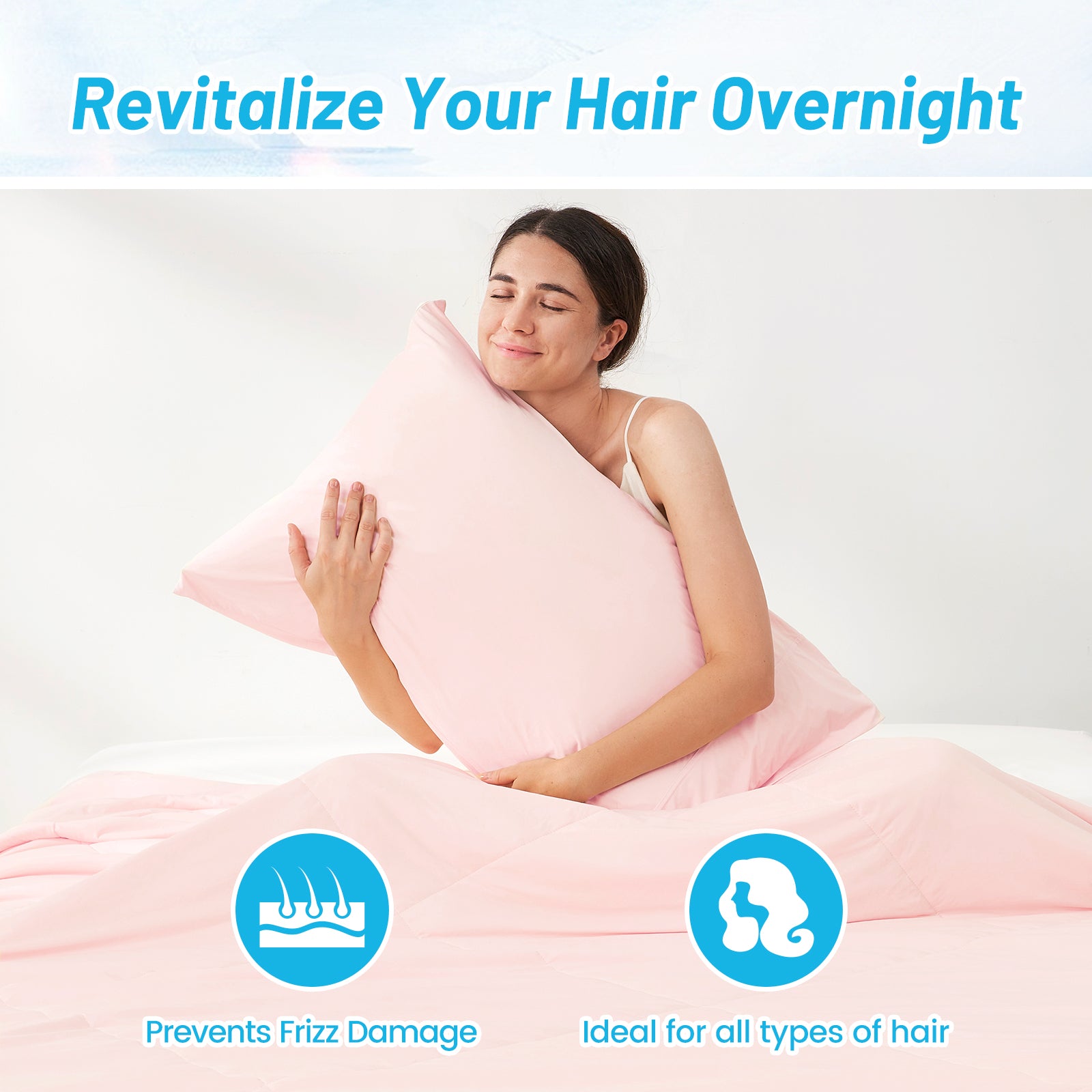 Pink cooling pillowcase, revitalizing hair overnight, prevents frizz and suits all hair types. #color_Pink