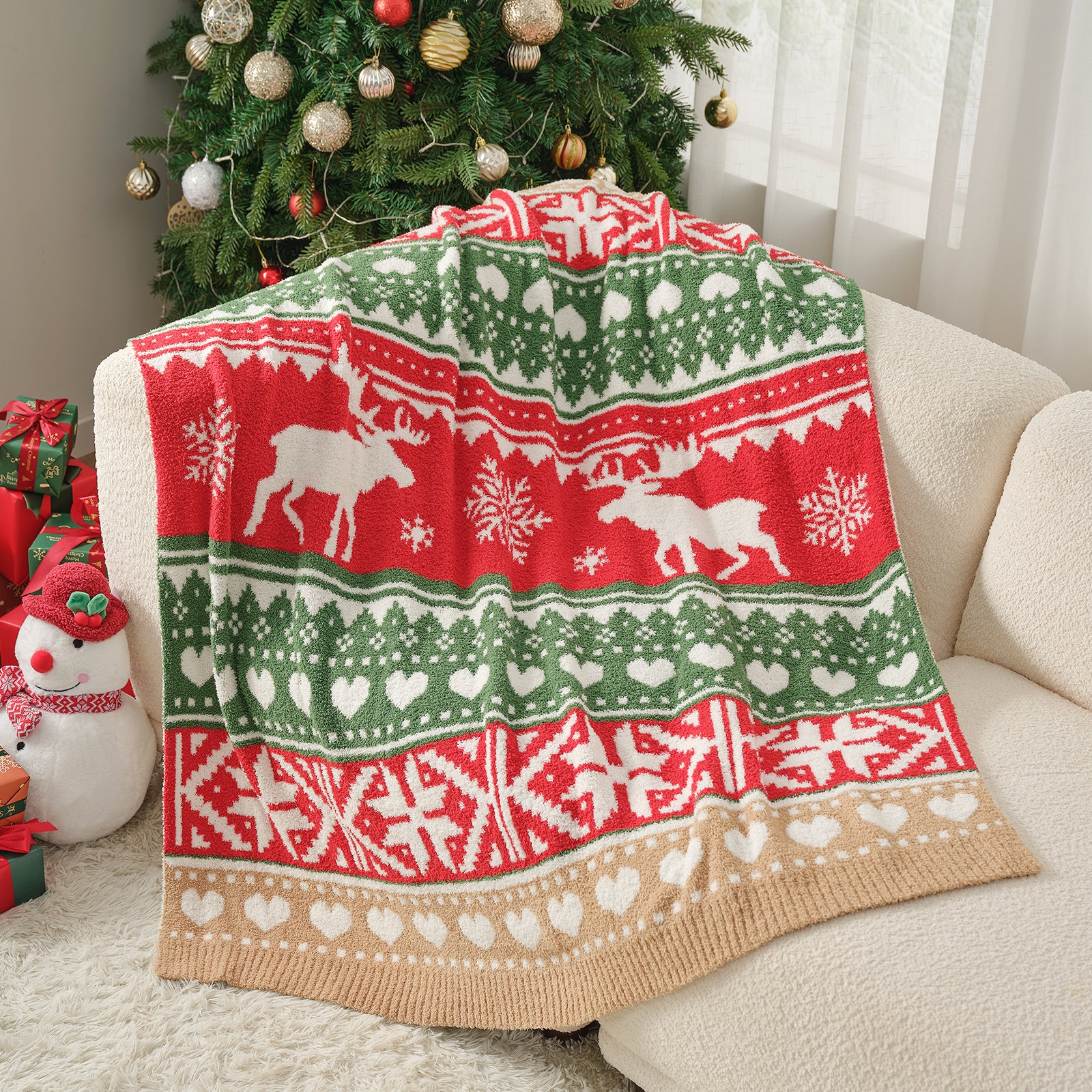 Cozy Bliss x SS Reversible Fairy Isle Reindeer Feather Yarn Throw Blanket