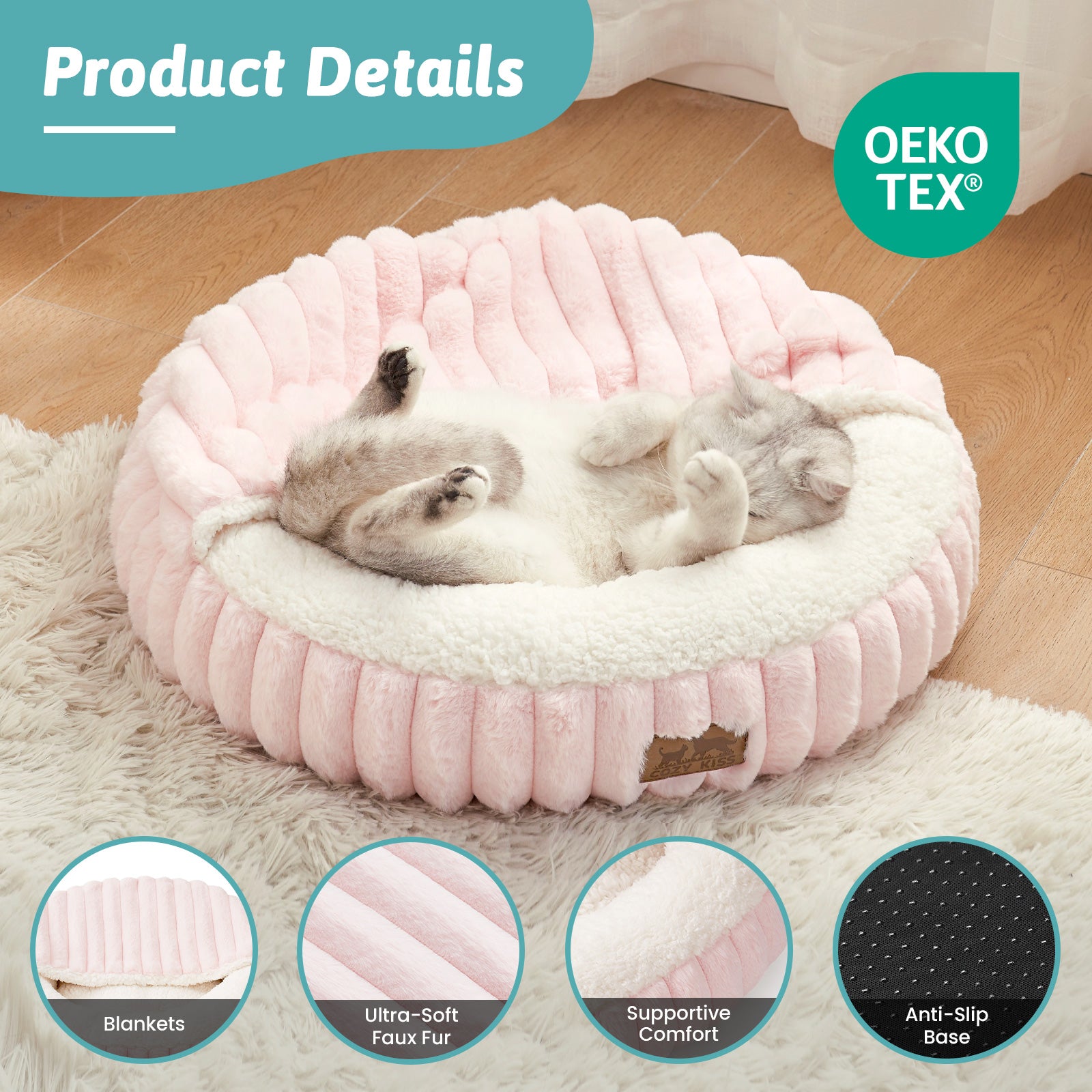 Pink pet bed with a cat inside, featuring OEKO-TEX certification, soft faux fur fabric and anti-slip base.#color_Pink