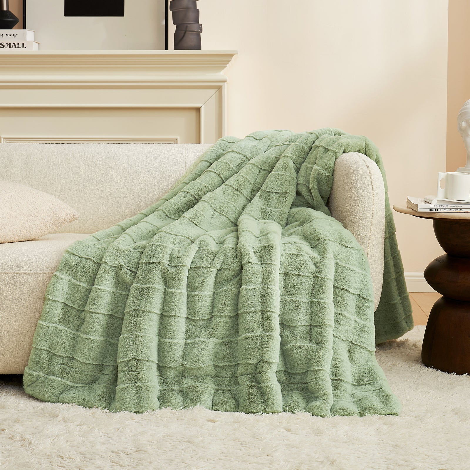 Green cross-striped faux fur blanket on sofa, Cozy Bliss cooling and soft blanket for bedroom decor. #color_Sage Green