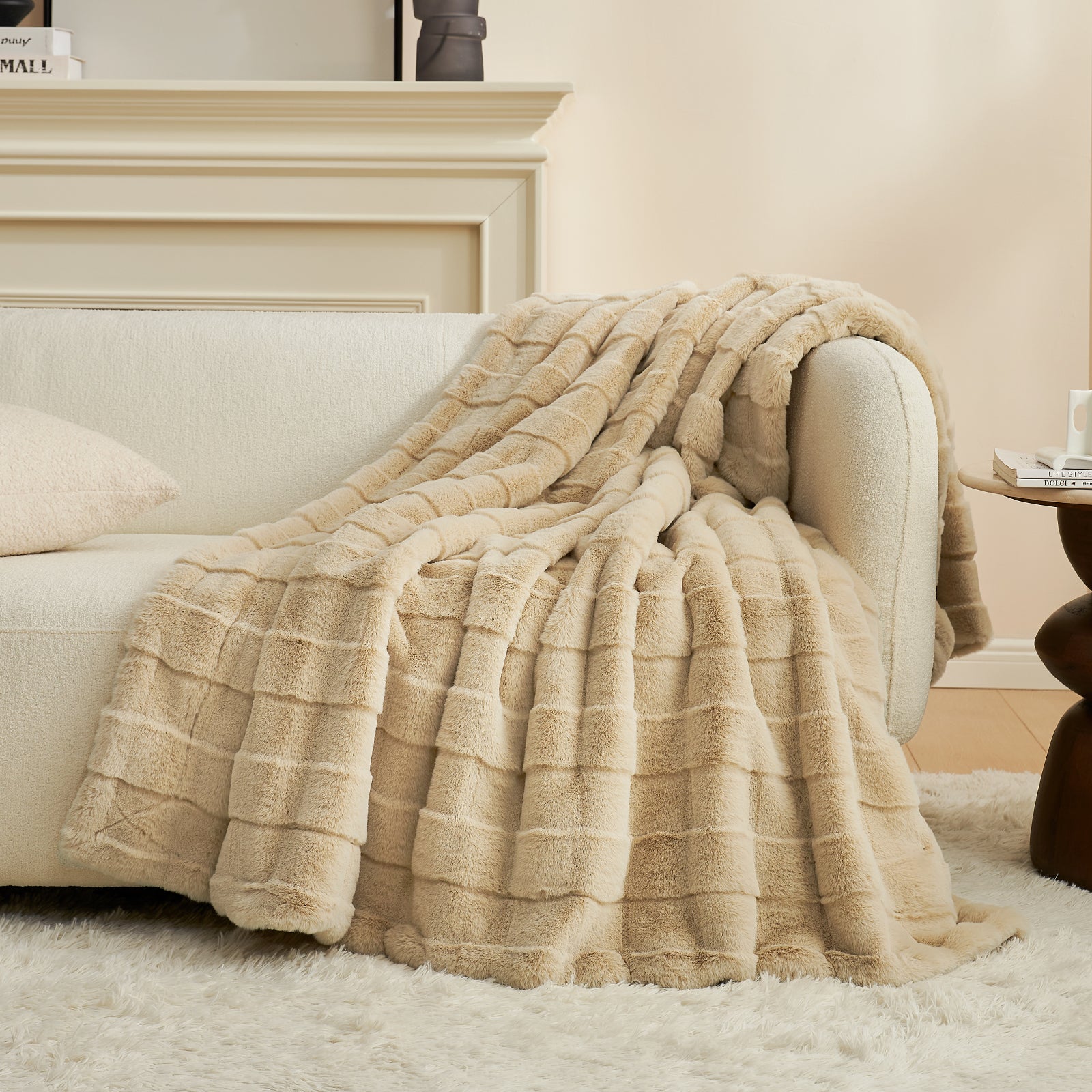 Beige cross-striped faux fur throw blanket on sofa, Cozybliss, soft, warm, perfect for cozy bedroom decor. #color_Beige