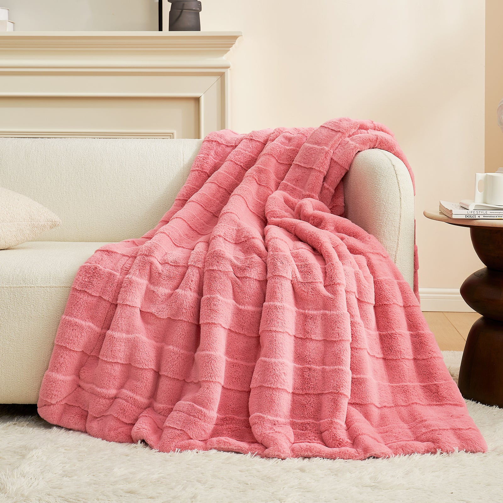 Pink cross-striped faux fur blanket on a sofa, cozy home decor #color_Hot Pink
