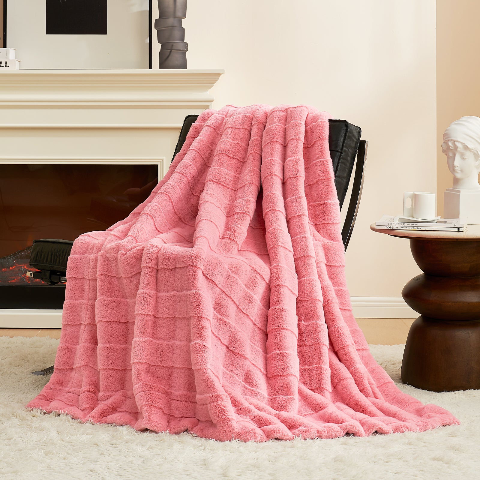 Pink cross-striped faux fur blanket draped on chair #color_Hot Pink