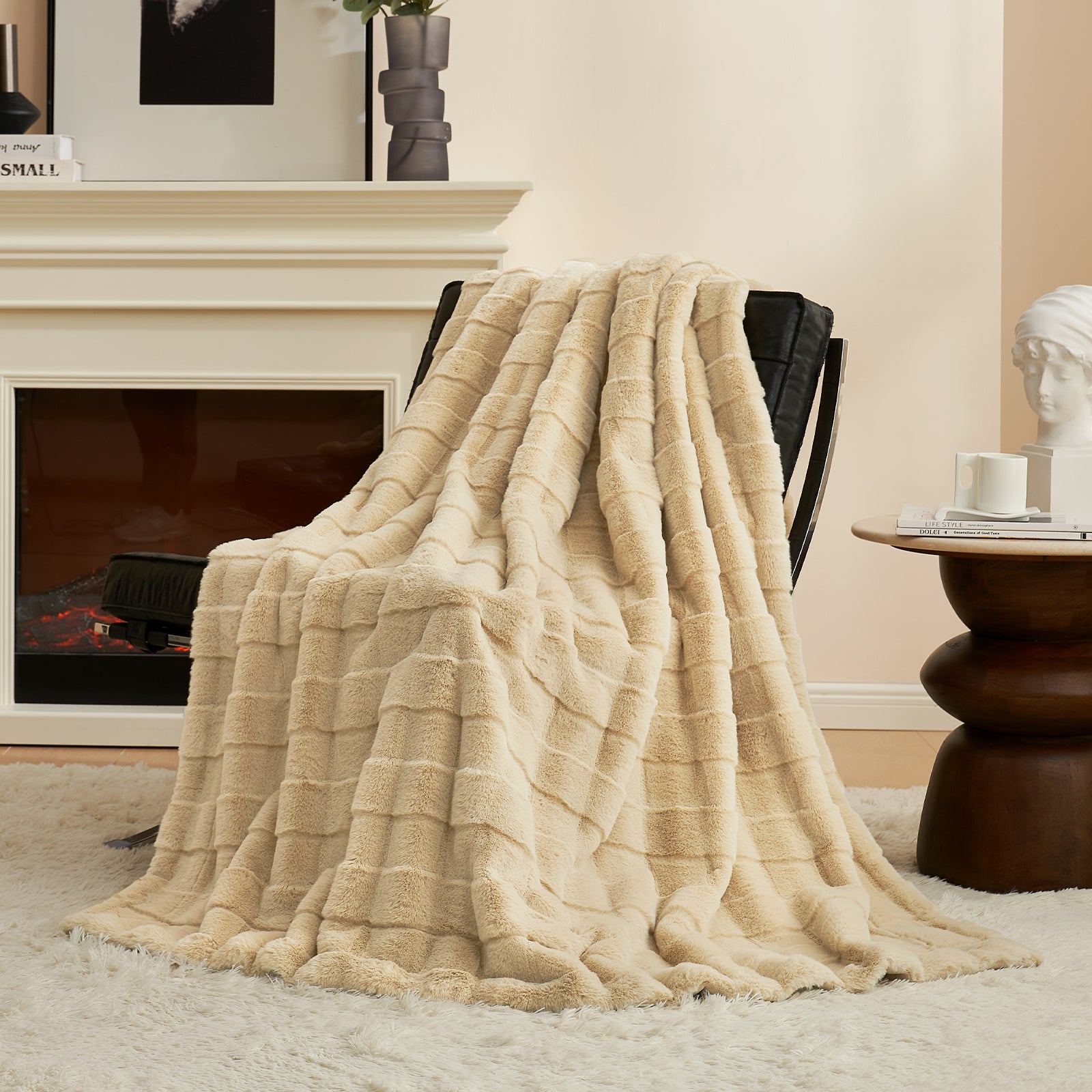 Cream cross-striped faux fur blanket on a black chair, cozy bedding for bedroom and living room #color_Beige