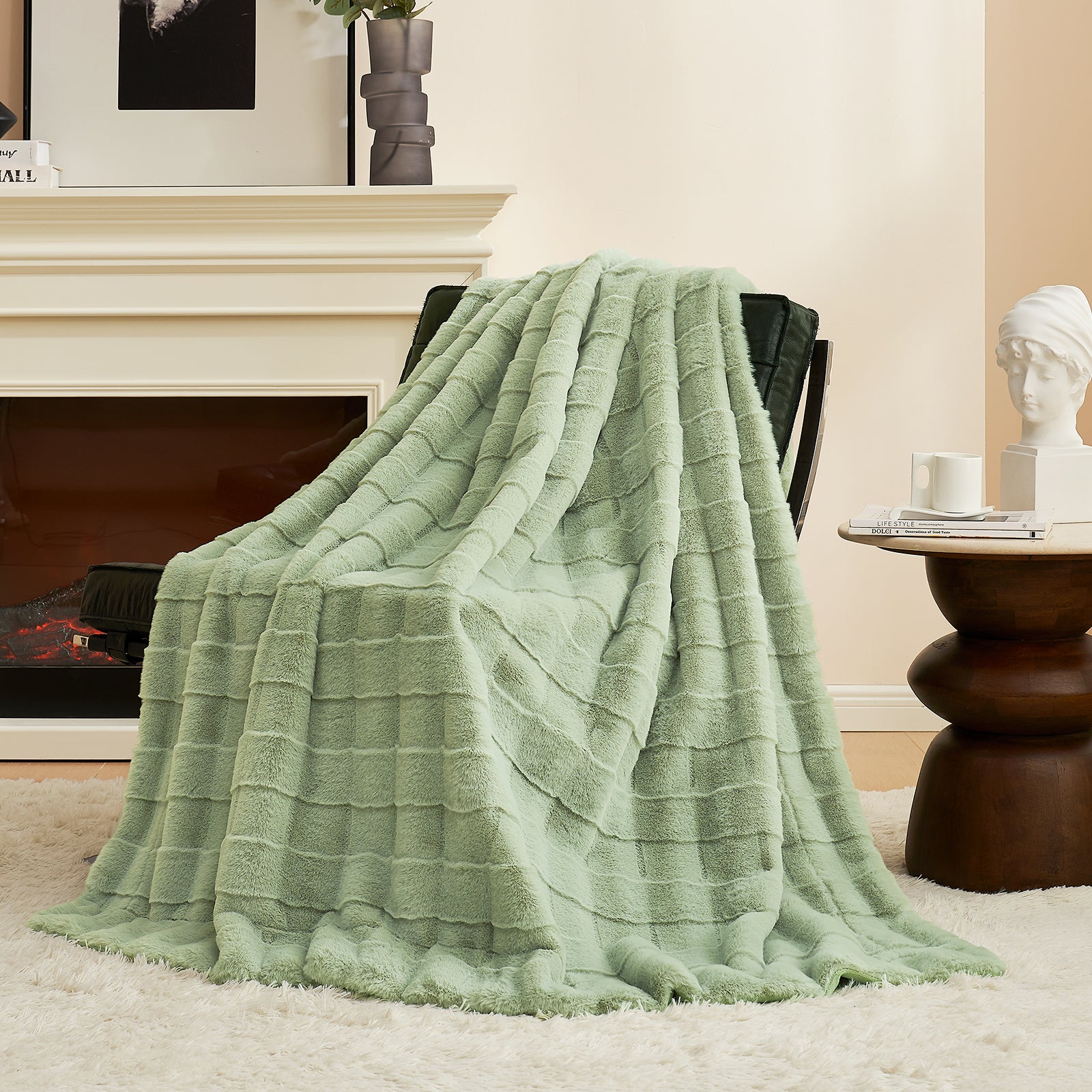 Sage green cross-striped faux fur throw blanket on a chair, cozy bedding for bedroom decor. #color_Sage Green